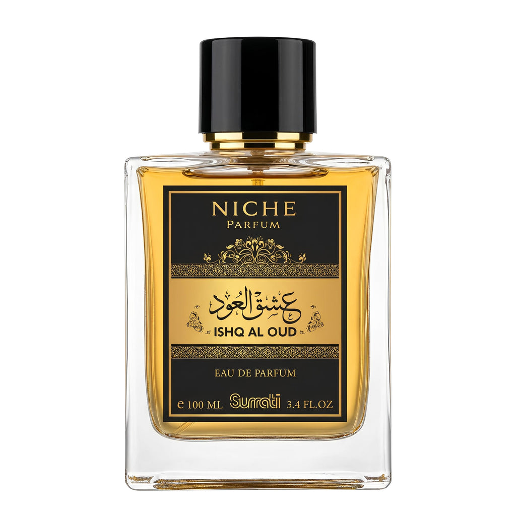 Niche Parfum bottle of Ishq Al Oud on a white background