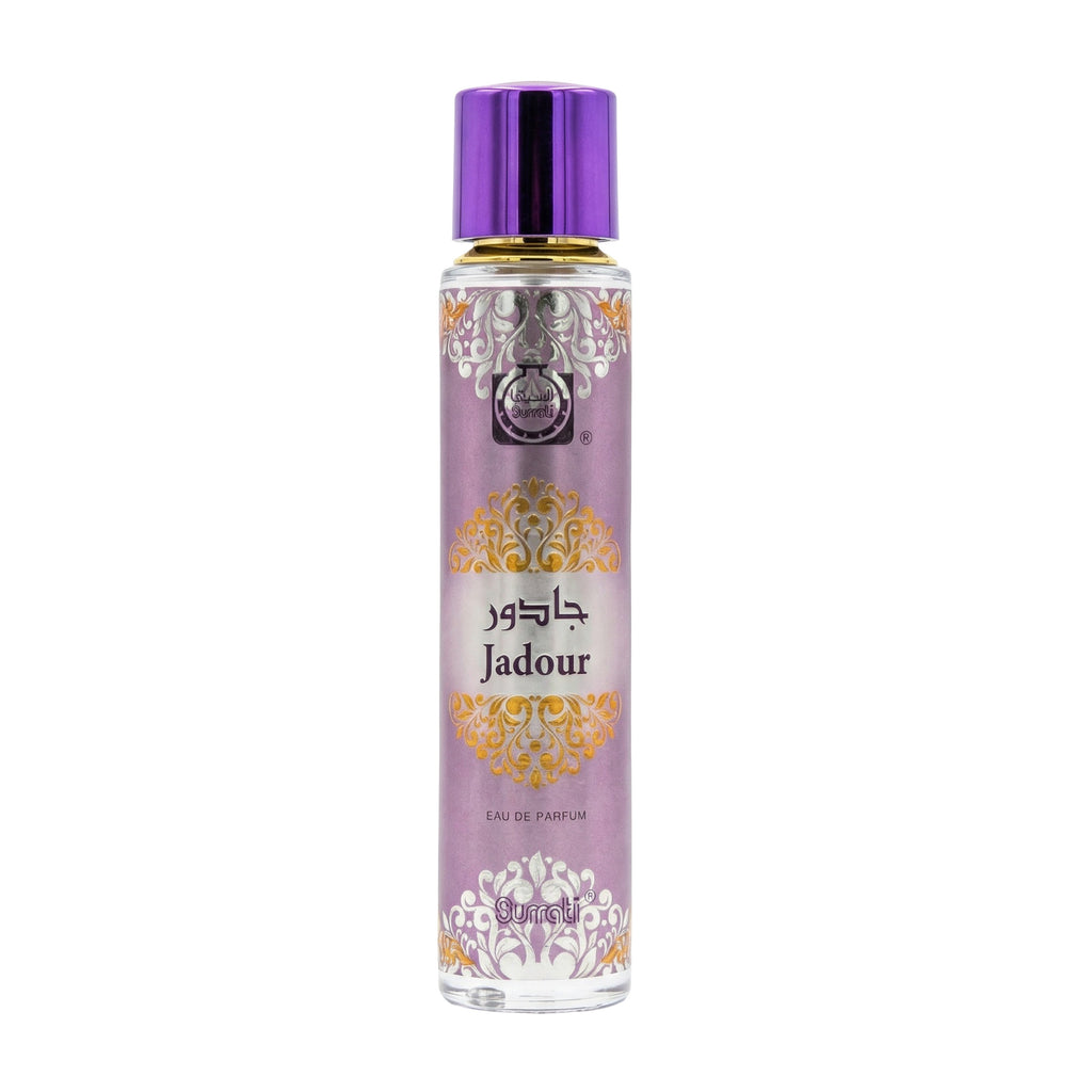 Perfume bottle with decorative label on a white background