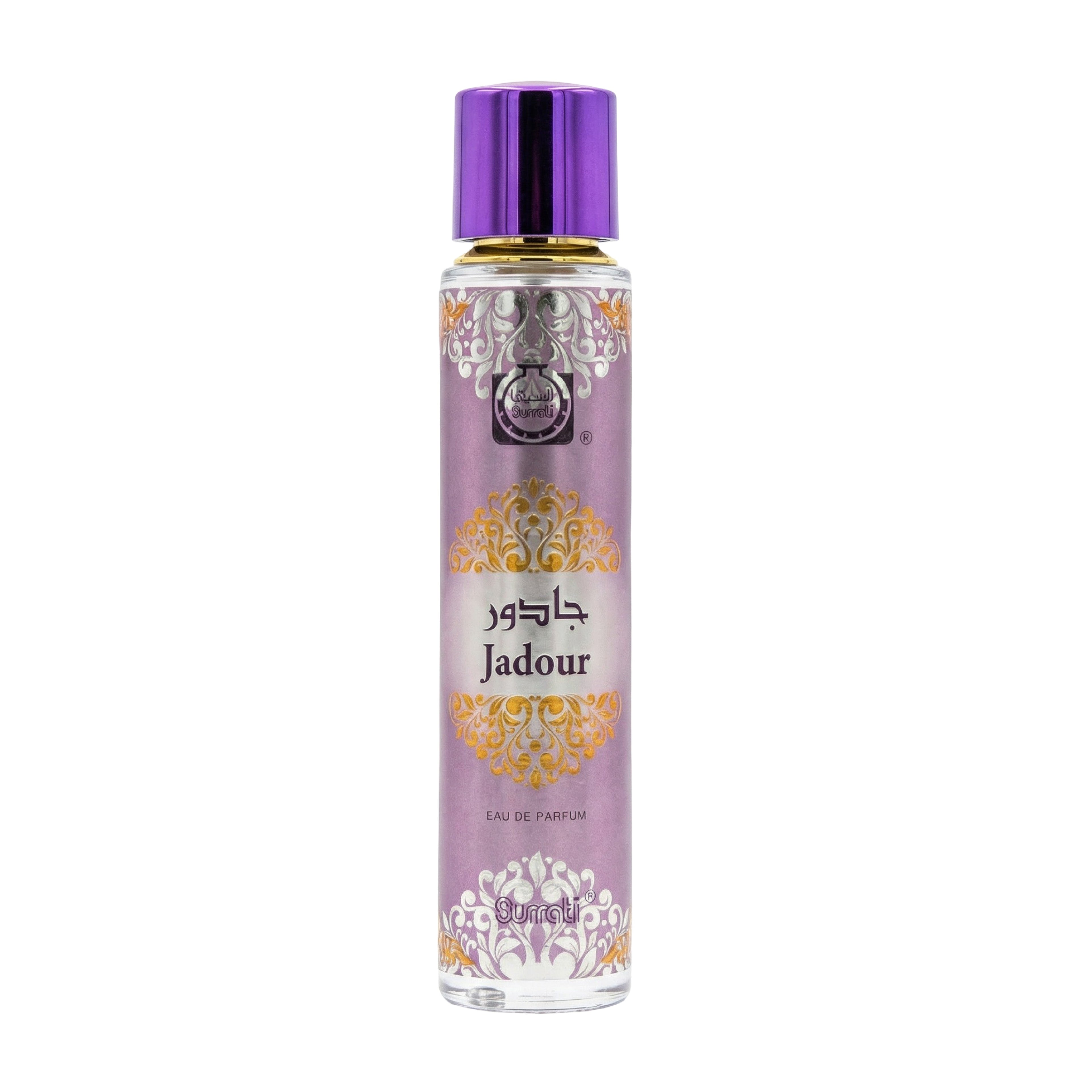 Perfume bottle with decorative label on a white background