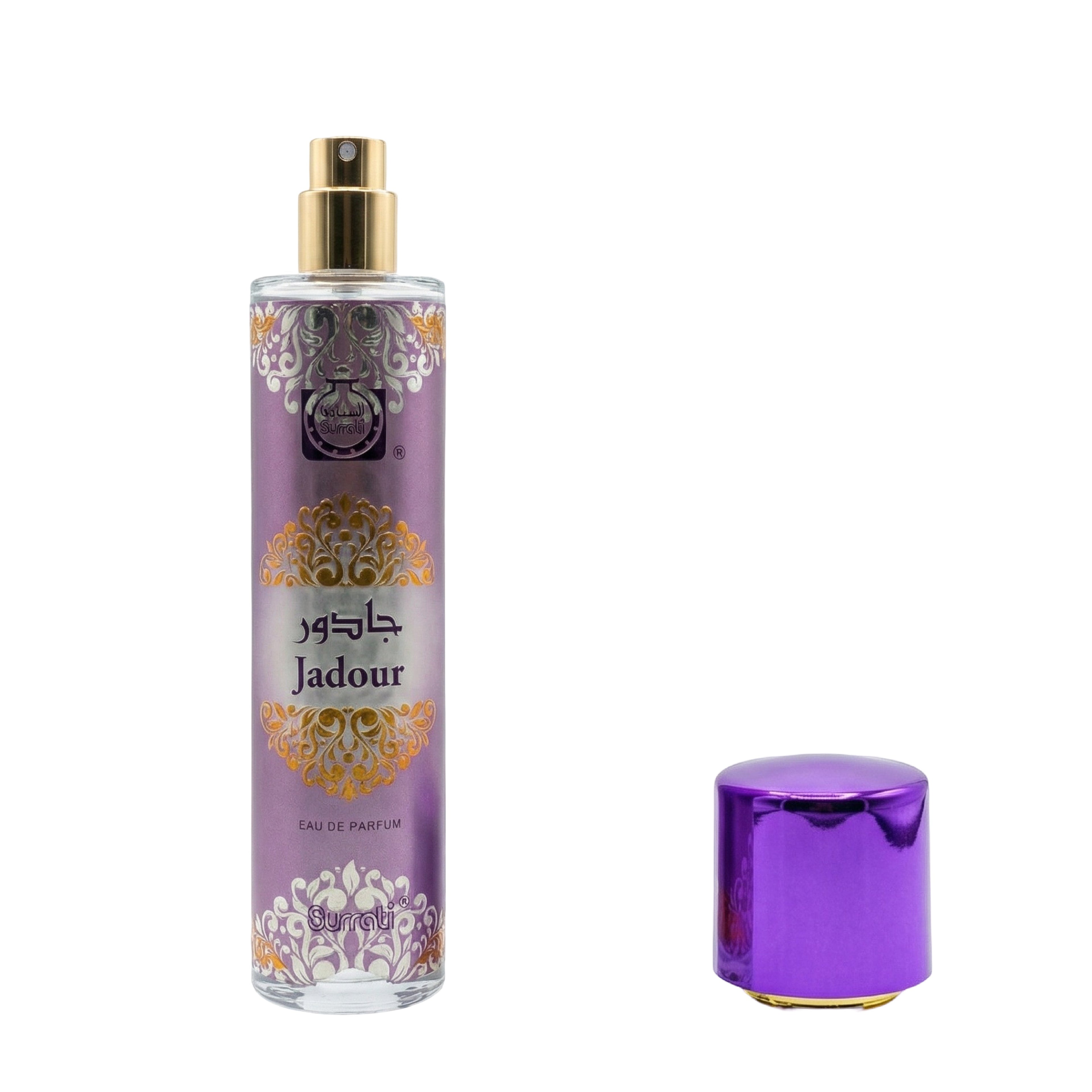 A bottle of Jadour Eau de Parfum with a purple body, gold spray top, and a separate metallic purple cap, displayed on a clean white background.