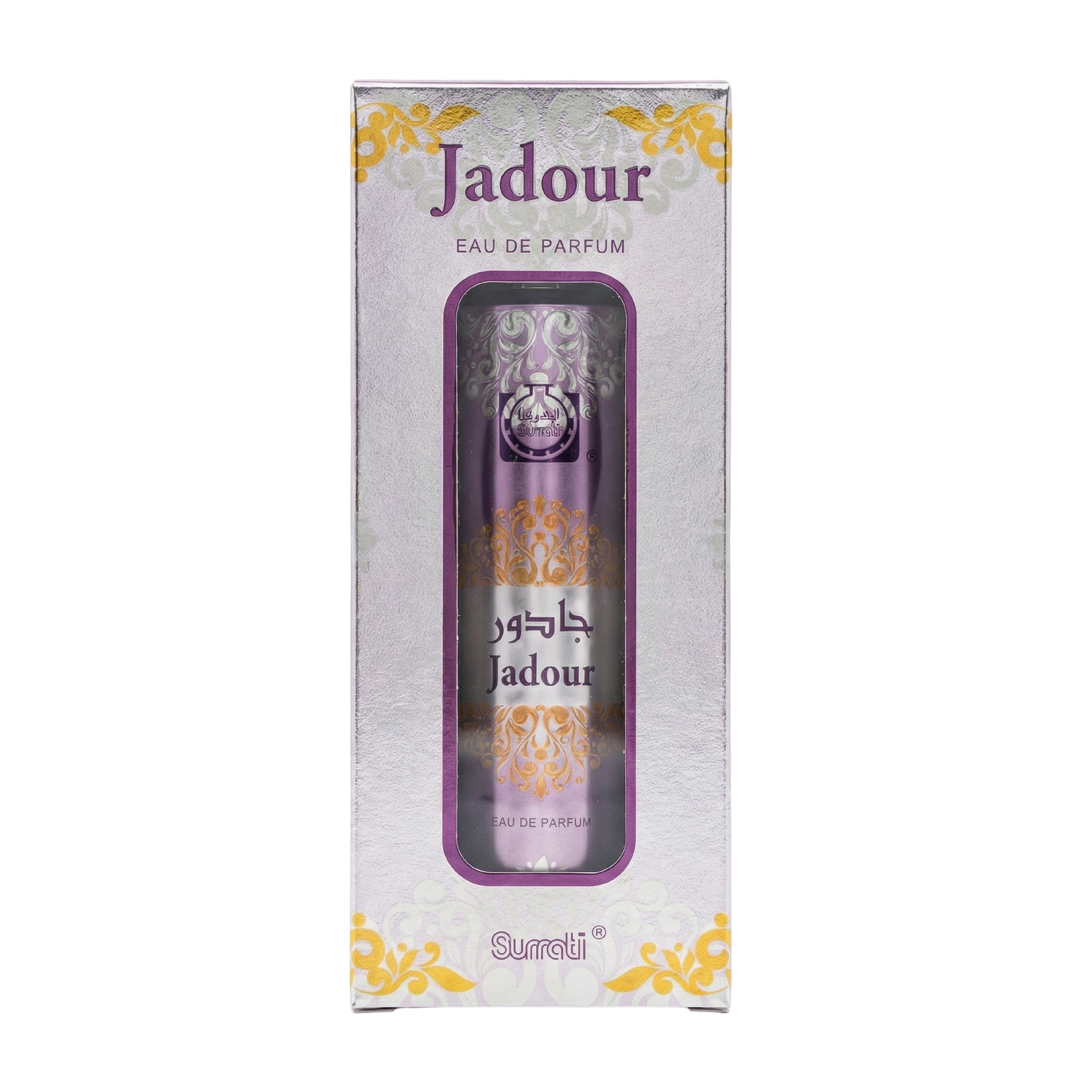 Surati Jadour Eau de Parfum bottle with a metallic purple cap next to its matching retail box, featuring purple and gold ornate designs on a white background.