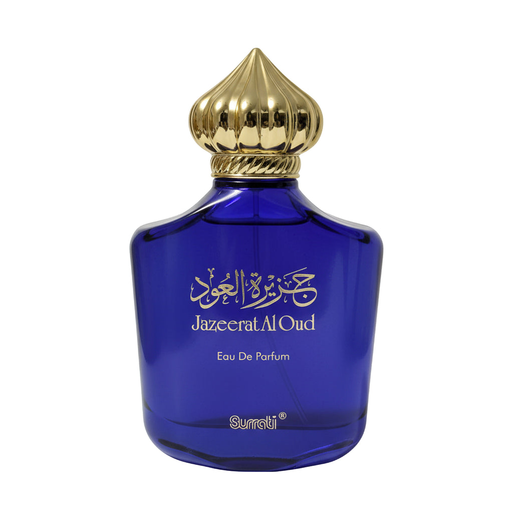 Blue perfume bottle with gold cap on a white background