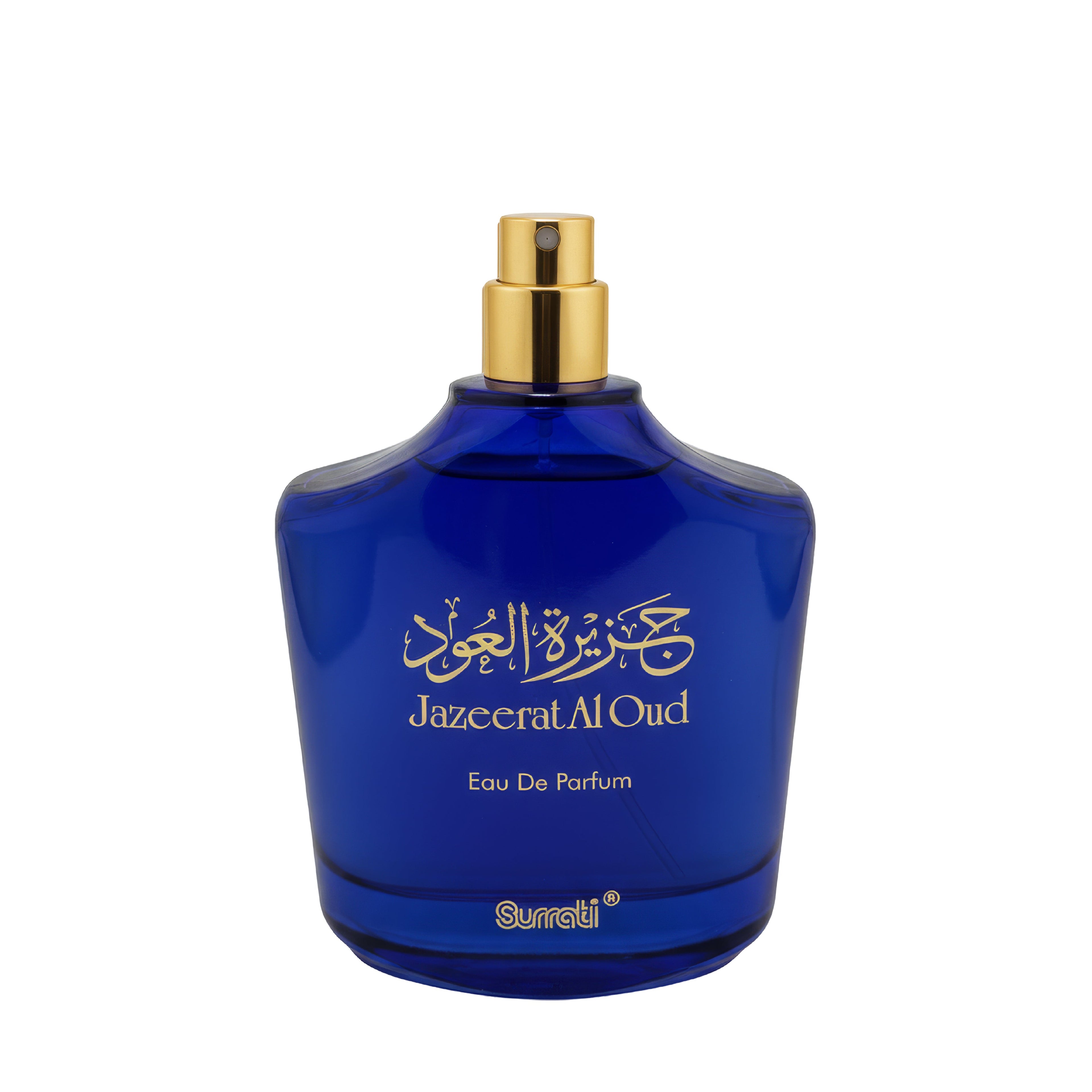 A cobalt blue glass perfume bottle with a gold spray nozzle and gold lettering on the front, labeled 'Jazzerat Al Oud' and 'Surreti', set against a plain white background.