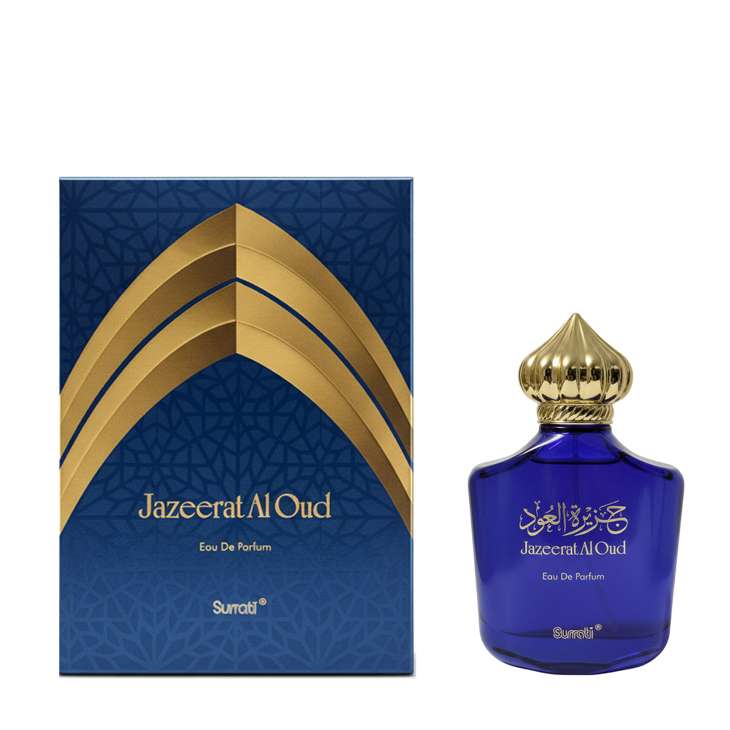 Jazeerat Al Oud Eau De Parfum by Sumrati, shown with its blue and gold patterned box and the matching blue glass bottle with a gold cap on a white background.