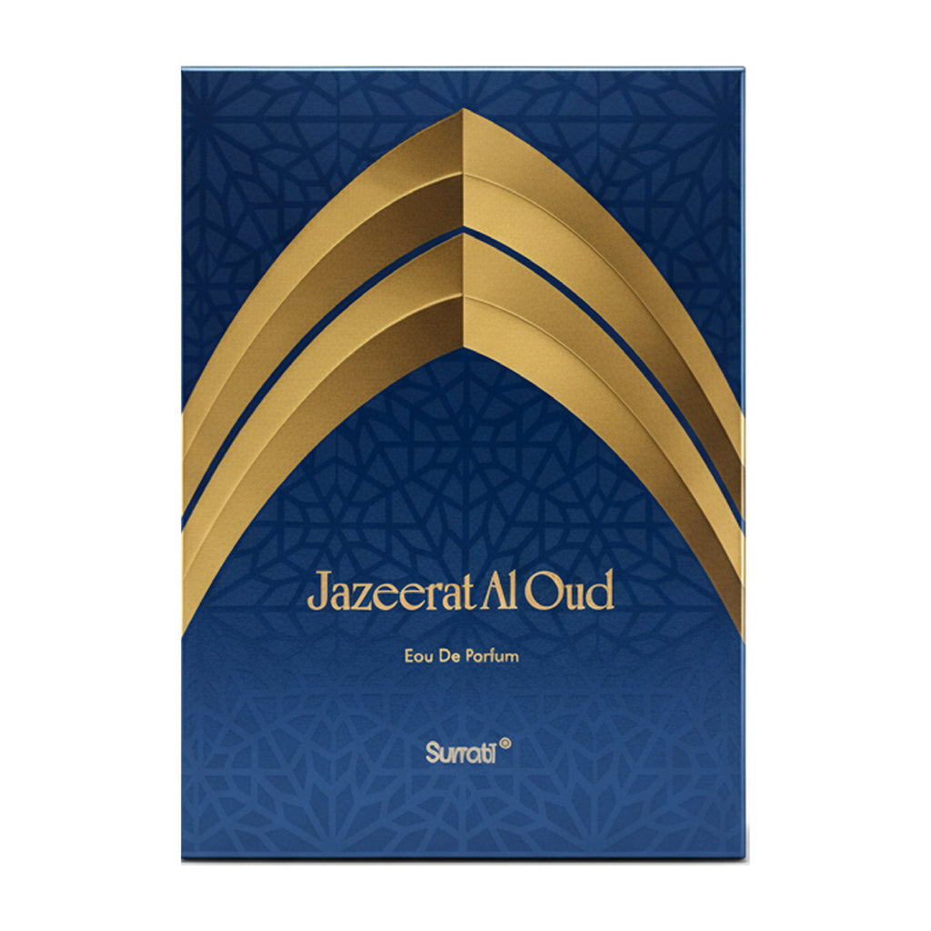 A rectangular perfume box for Surati Jazeerat Al Oud Eau De Parfum, featuring a deep blue background with a subtle geometric pattern and three prominent gold arches. The text 'Jazeerat Al Oud', 'Eau De Parfum', and the brand 'Surati' are printed in gold and white on the front.