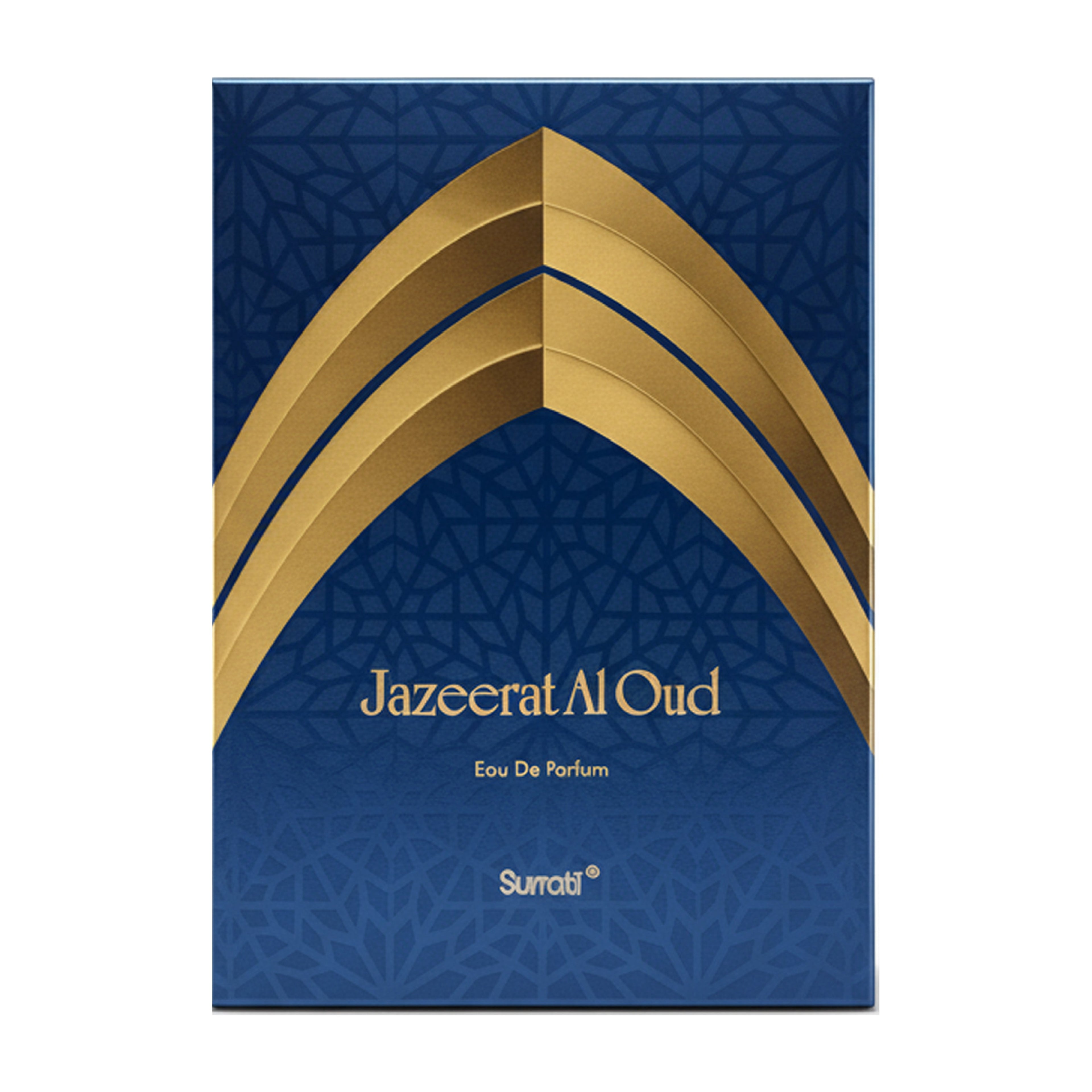 A rectangular perfume box for Surati Jazeerat Al Oud Eau De Parfum, featuring a deep blue background with a subtle geometric pattern and three prominent gold arches. The text 'Jazeerat Al Oud', 'Eau De Parfum', and the brand 'Surati' are printed in gold and white on the front.