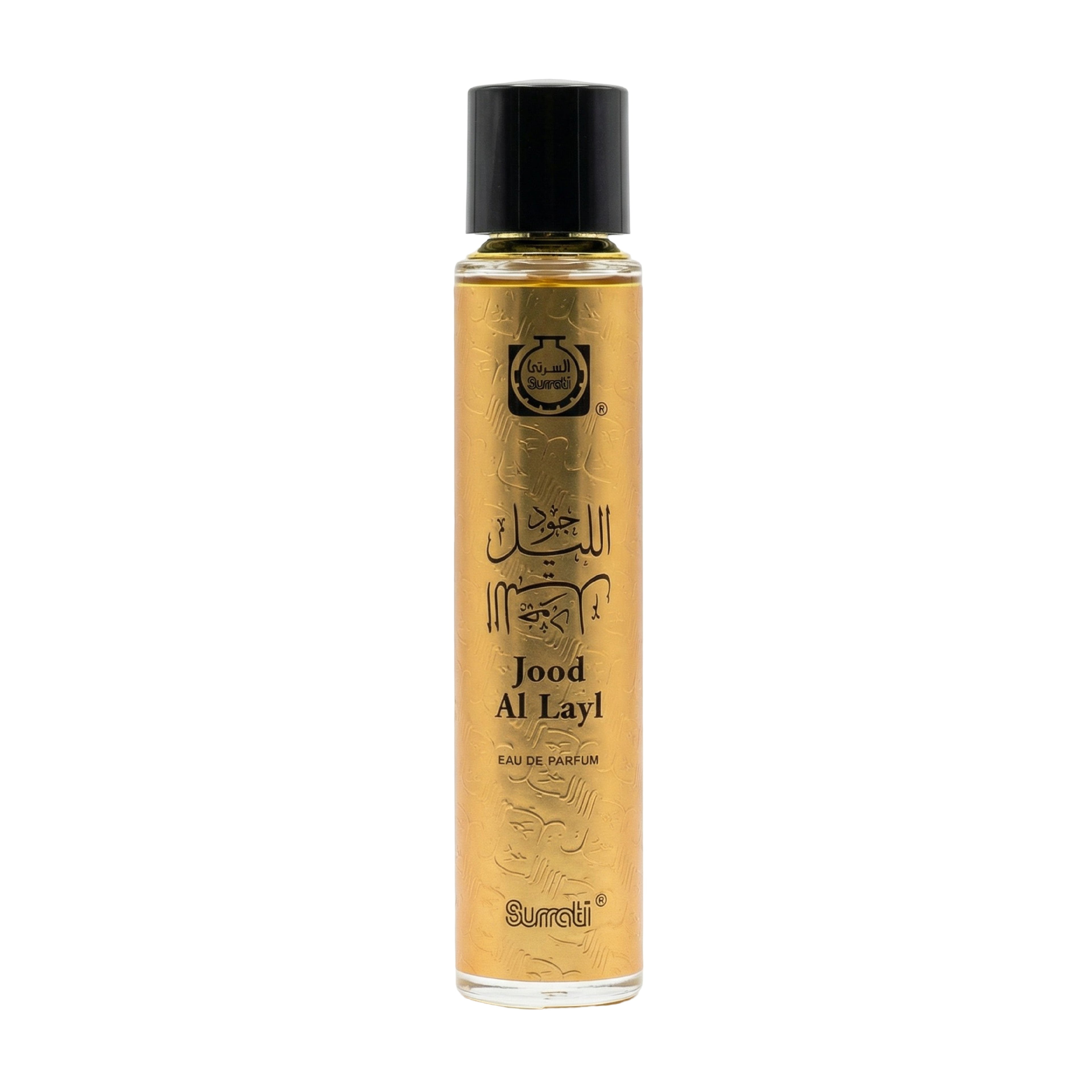A bottle of Surati Jood Al Layl Eau De Parfum with a black cap and gold-colored liquid inside a clear glass bottle, shown on a white background.