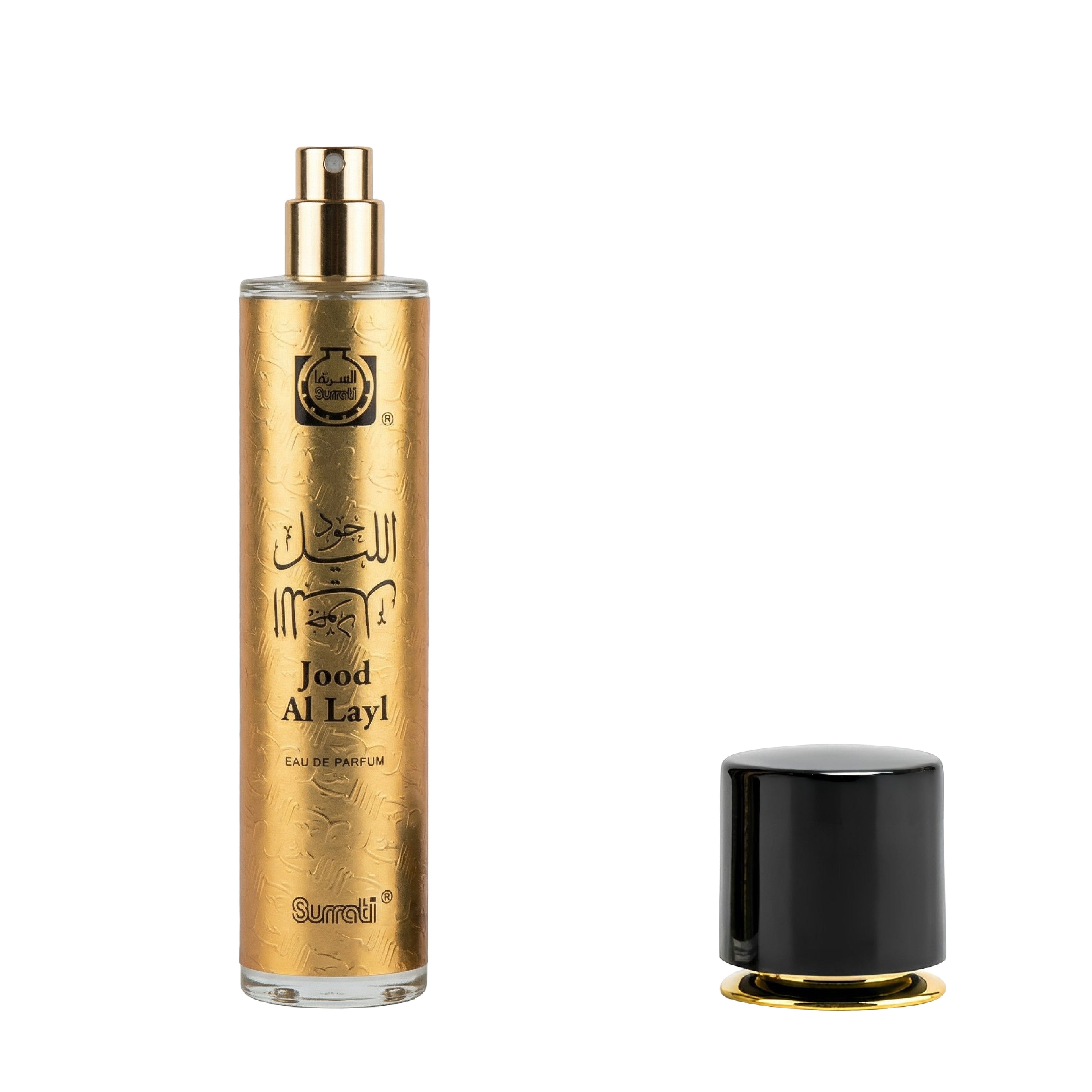 A gold cylindrical perfume bottle labeled 'Jood Al Layl' with a gold spray top, shown next to its detached black cap with a gold base on a plain white background.