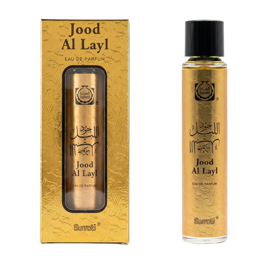 Jood Al Layl Eau de Parfum bottle and its matching gold-patterned packaging box, featuring Arabic calligraphy and a black cap on a white background.