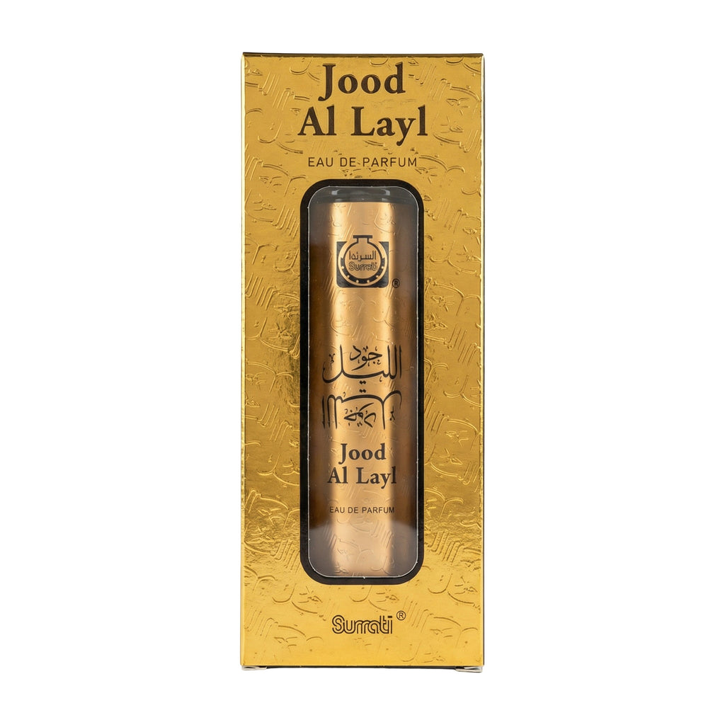 Gold packaging of Jood Al Layl Eau de Parfum with brand logo on a white background