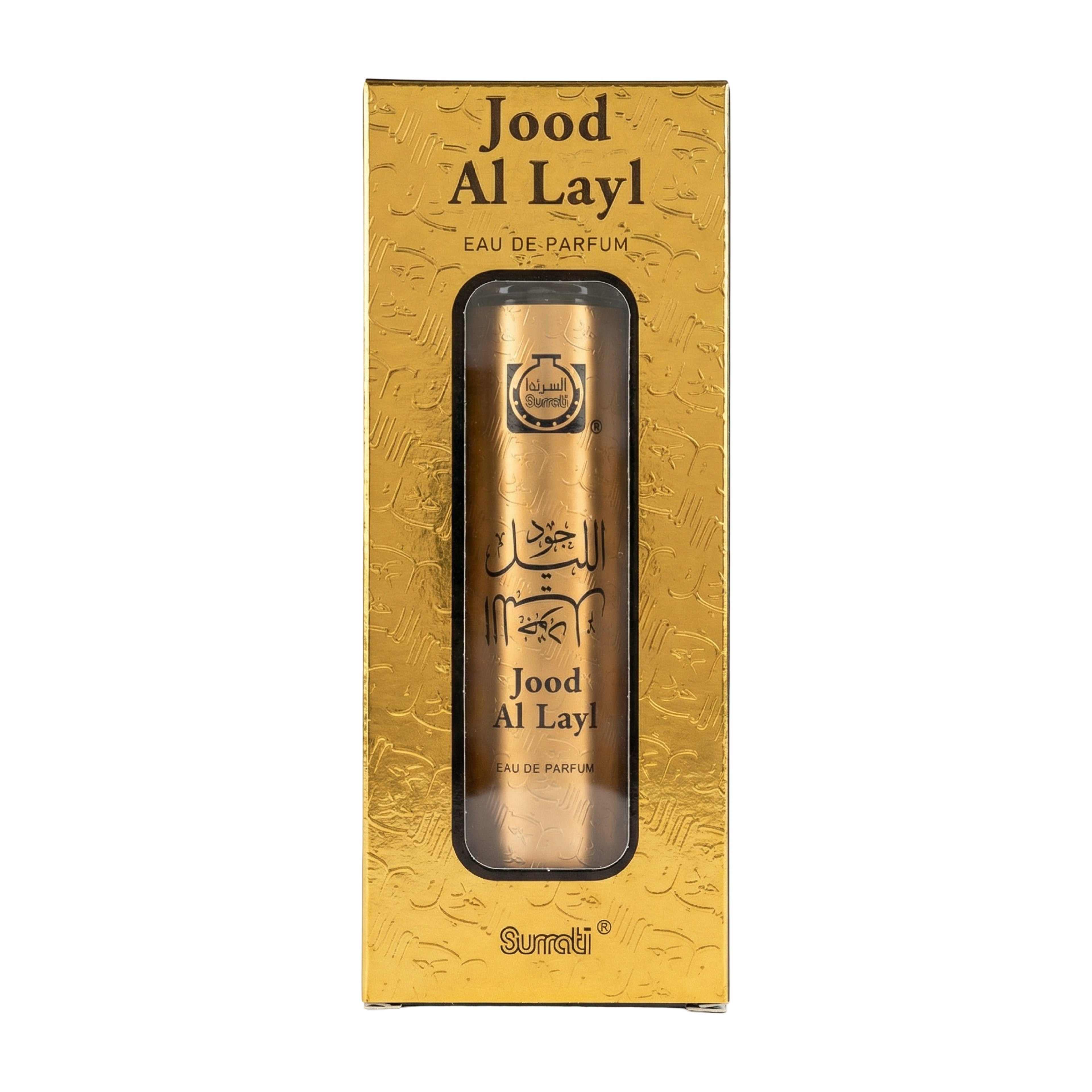 Gold packaging of Jood Al Layl Eau de Parfum with brand logo on a white background
