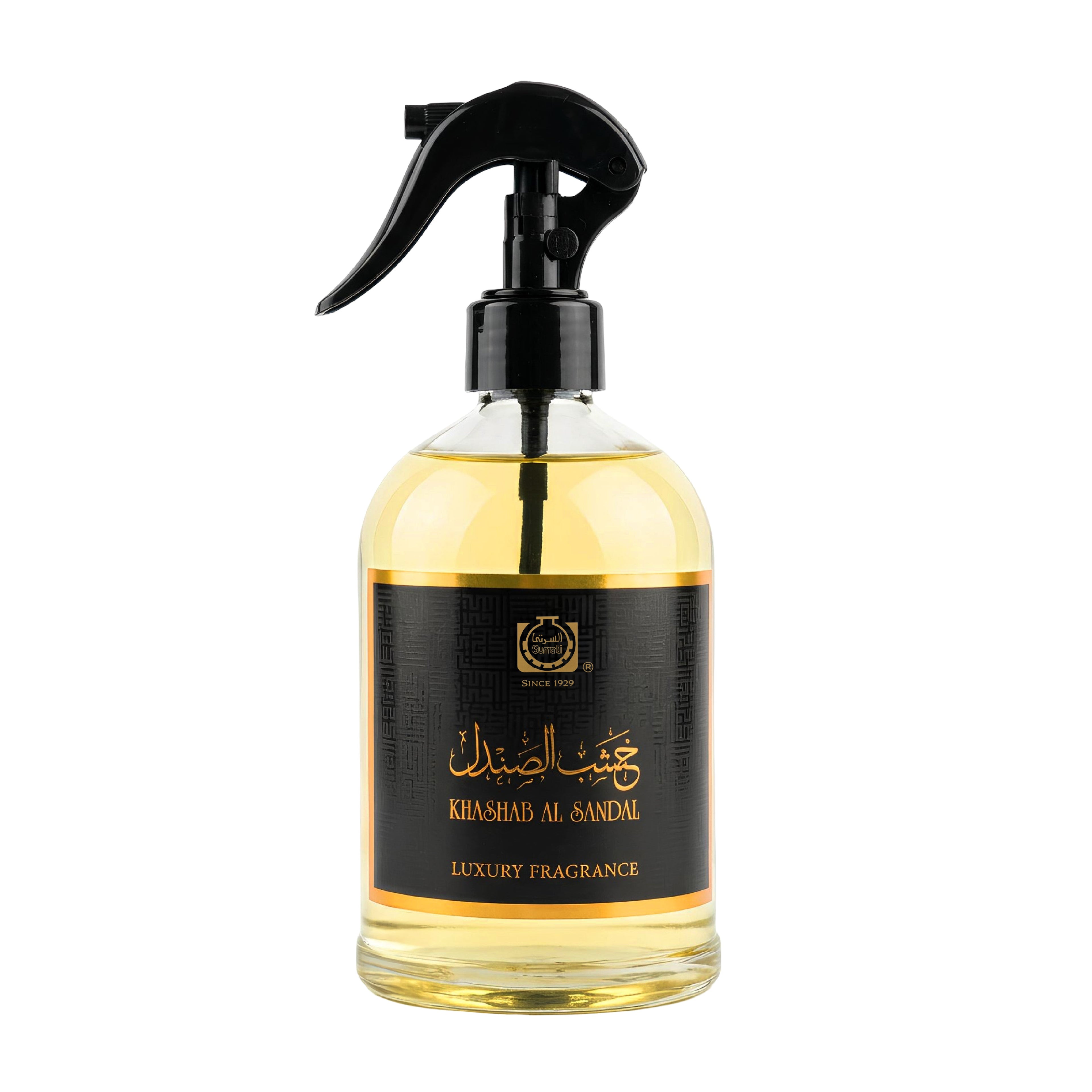 Bottle of Khushad Al Sandal luxury fragrance with a black spray nozzle on a white background