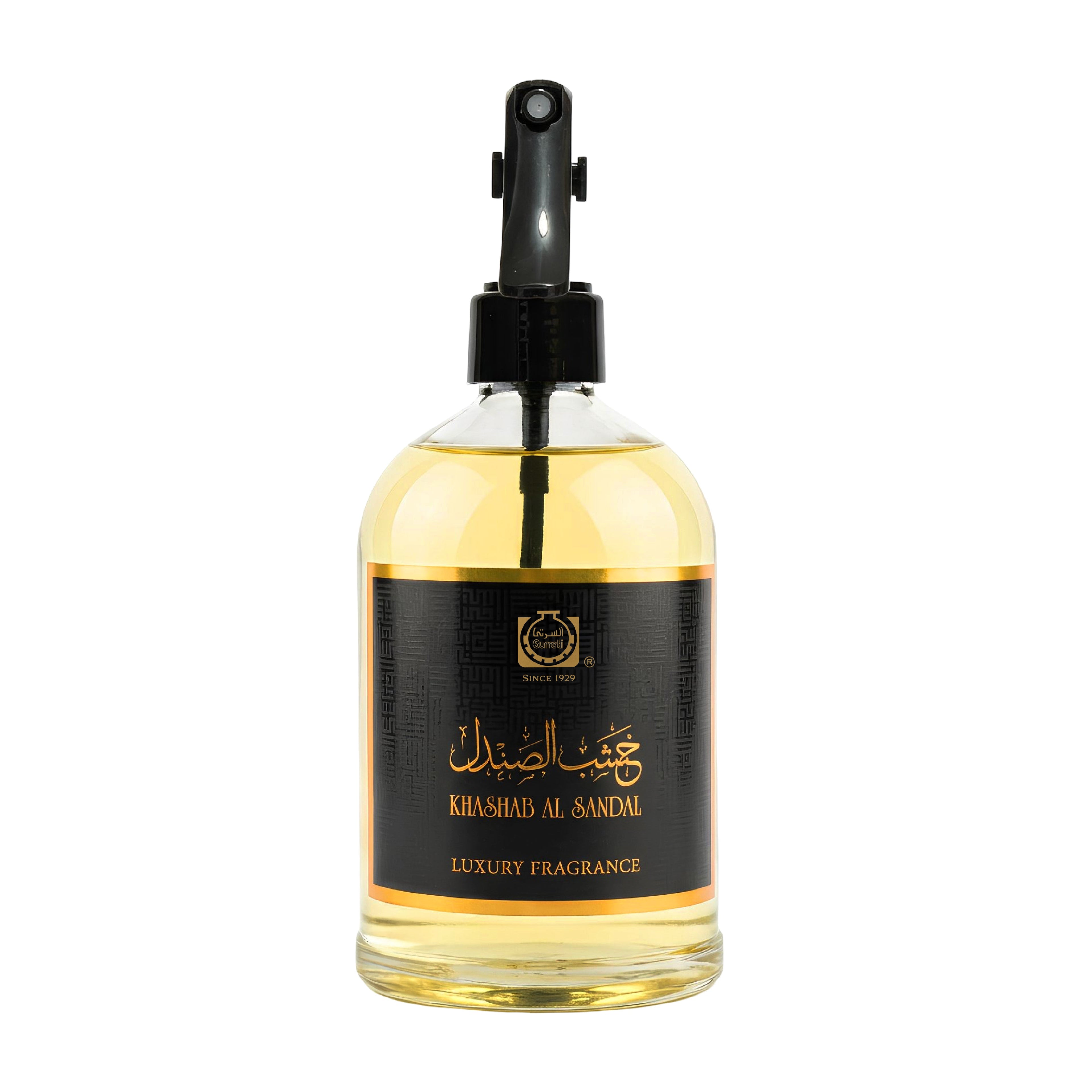 Bottle of Khashad Al Sandal luxury fragrance with a black spray nozzle on a white background