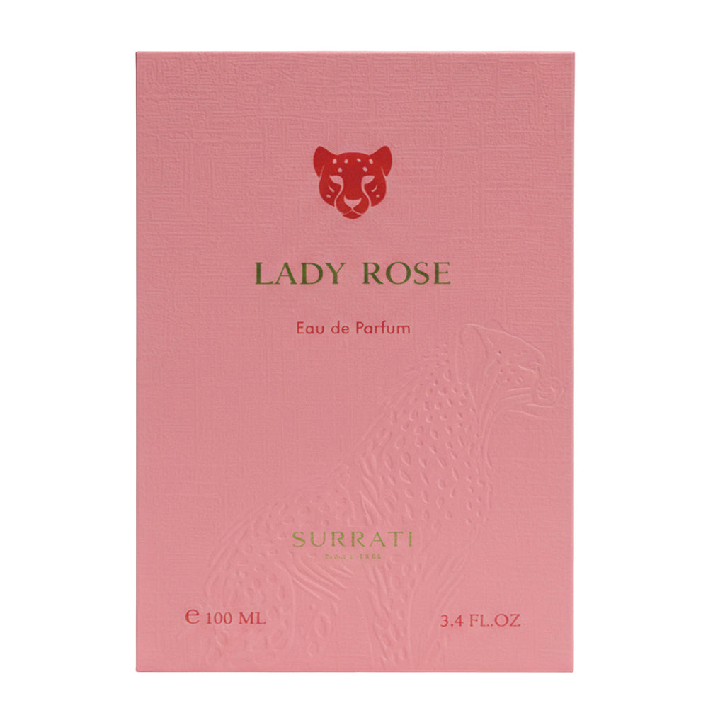 Pink packaging of Lady Rose Eau de Parfum by Surrati on a white background