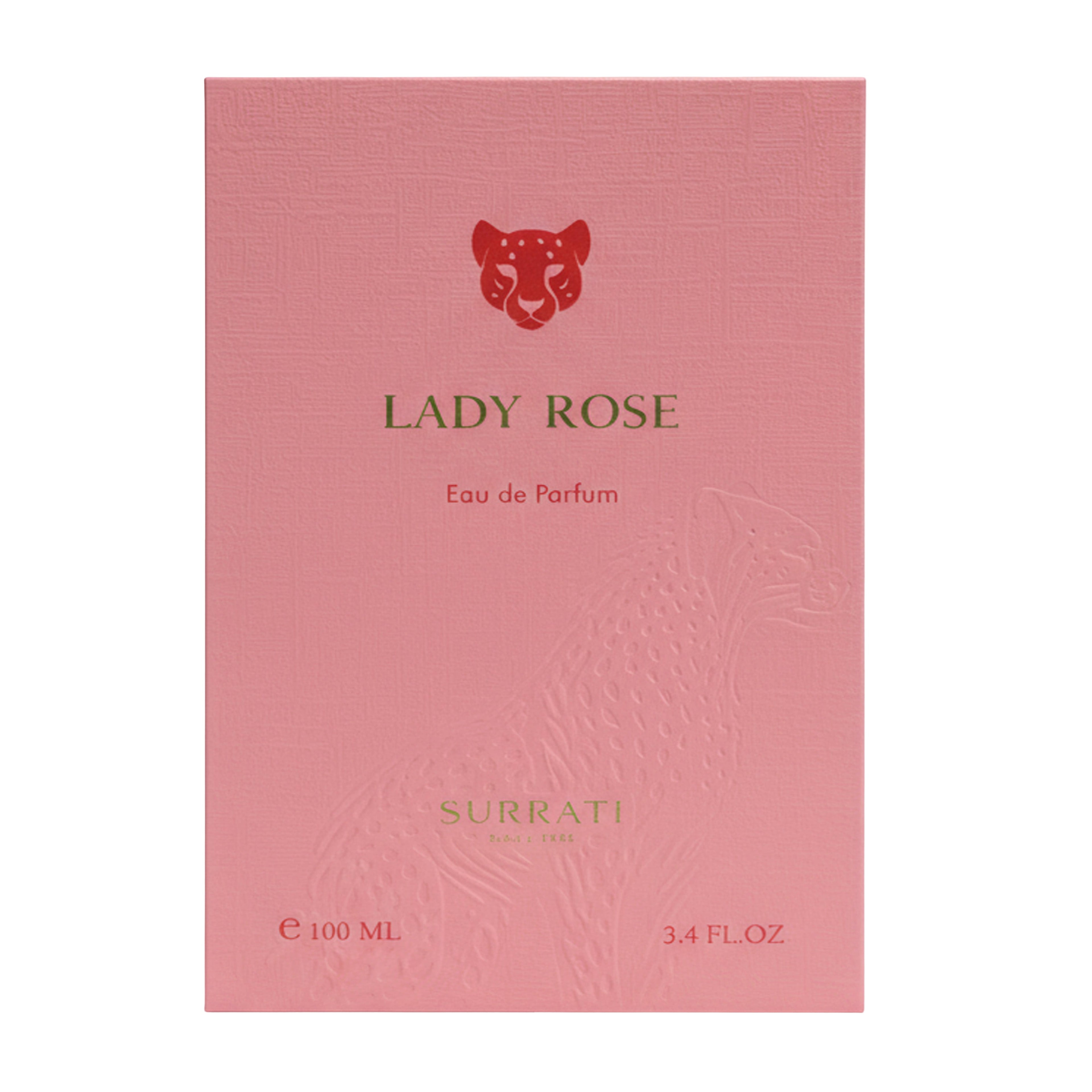 Pink packaging of Lady Rose Eau de Parfum by Surrati on a white background