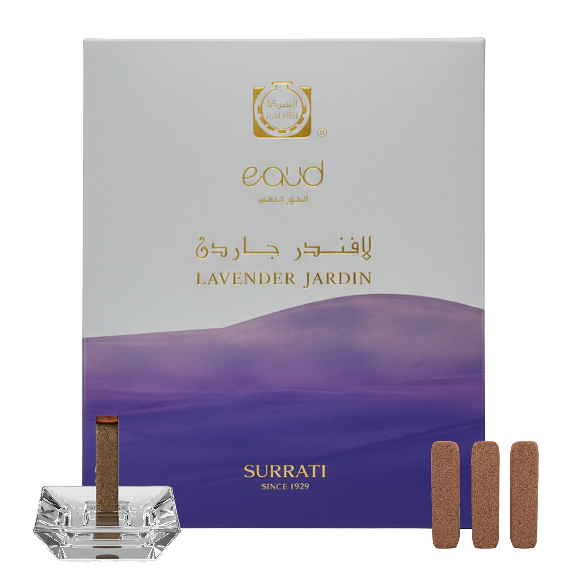Surrati eaud Lavender Jardin incense packaging with incense sticks and a crystal holder.