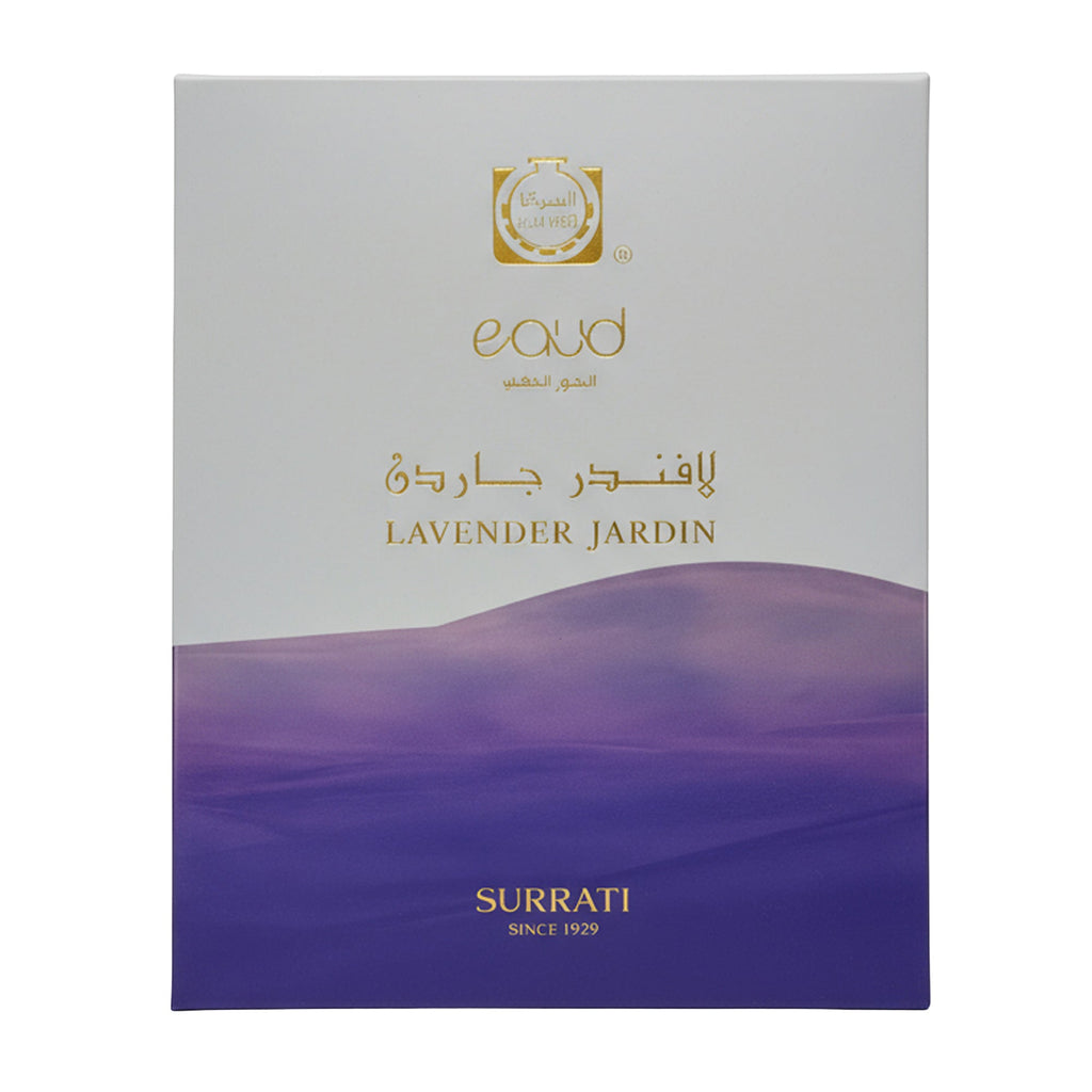 Surrati Eoud Lavender Jardin perfume box, featuring a white upper half with gold lettering and a purple lavender field graphic on the lower half.