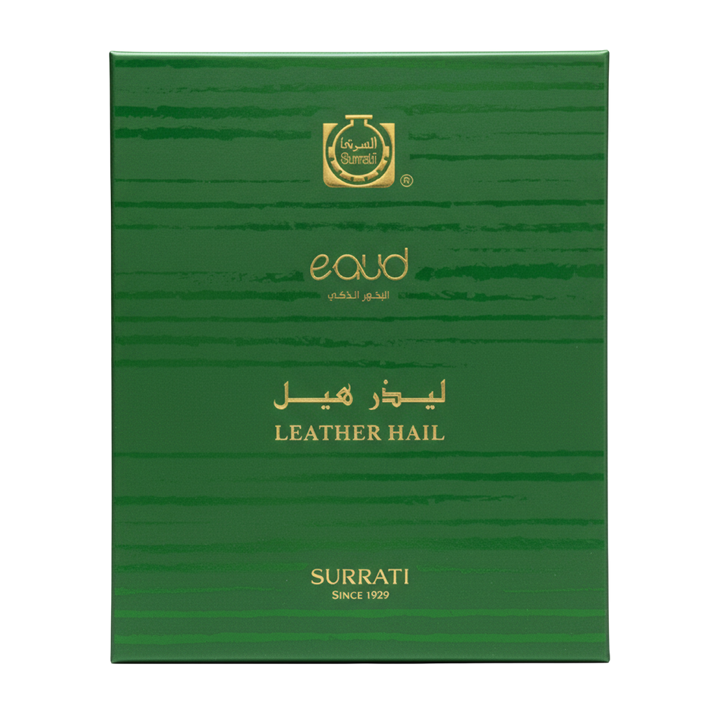 Green rectangular box with gold text and logo reading 'Surrati' and 'Leather Hail' on a plain white background.