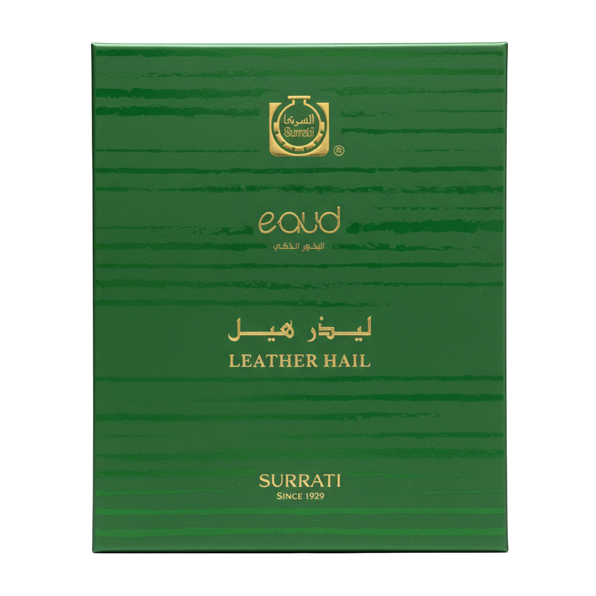 Green rectangular box with gold text and logo reading 'Surrati' and 'Leather Hail' on a plain white background.