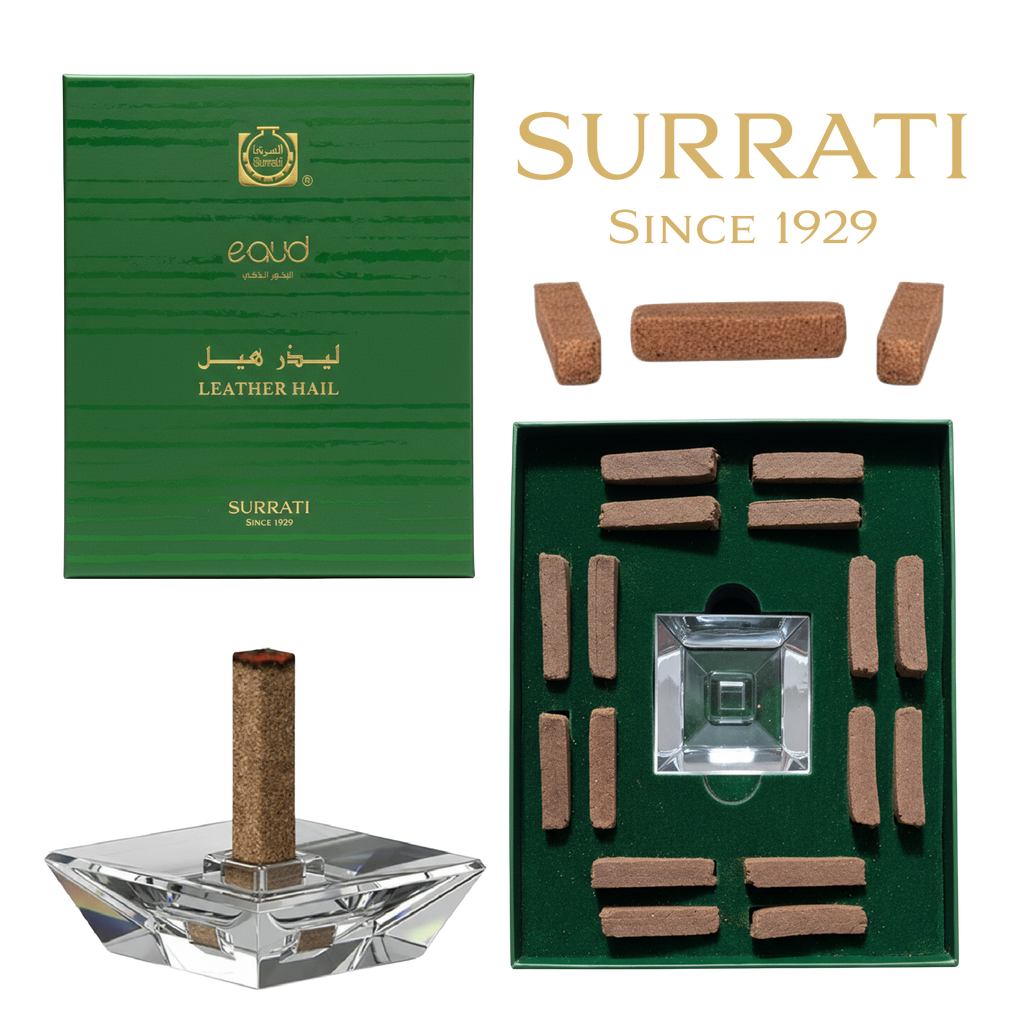 Surrati Leather Hail set featuring a green textured box, a clear faceted glass bottle with a brown leather hail, and an open box displaying multiple brown leather hails arranged on a green insert, with the brand name Surrati and 'Since 1929' printed on a white background.