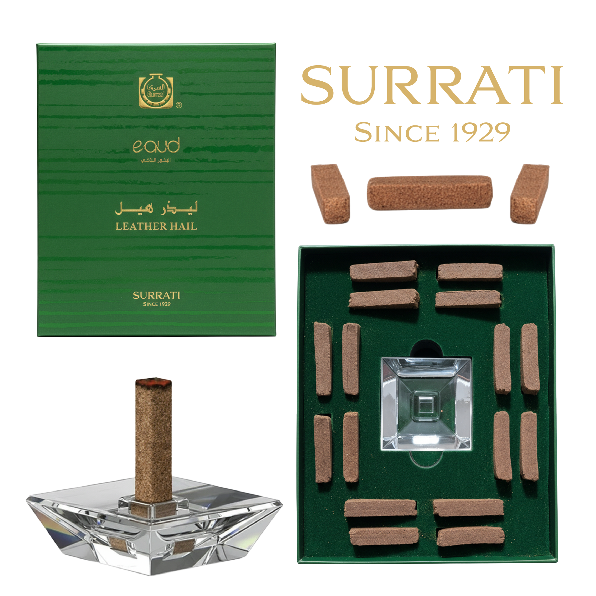 Surrati Leather Hail set featuring a green textured box, a clear faceted glass bottle with a brown leather hail, and an open box displaying multiple brown leather hails arranged on a green insert, with the brand name Surrati and 'Since 1929' printed on a white background.