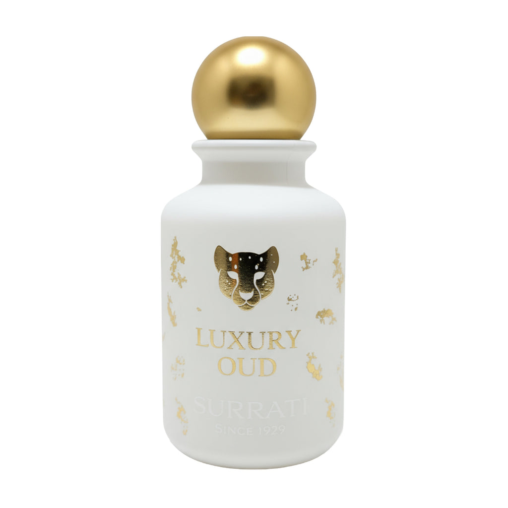 White perfume bottle with gold cap and panther design on a white background