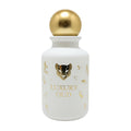 White perfume bottle with gold cap and panther design on a white background