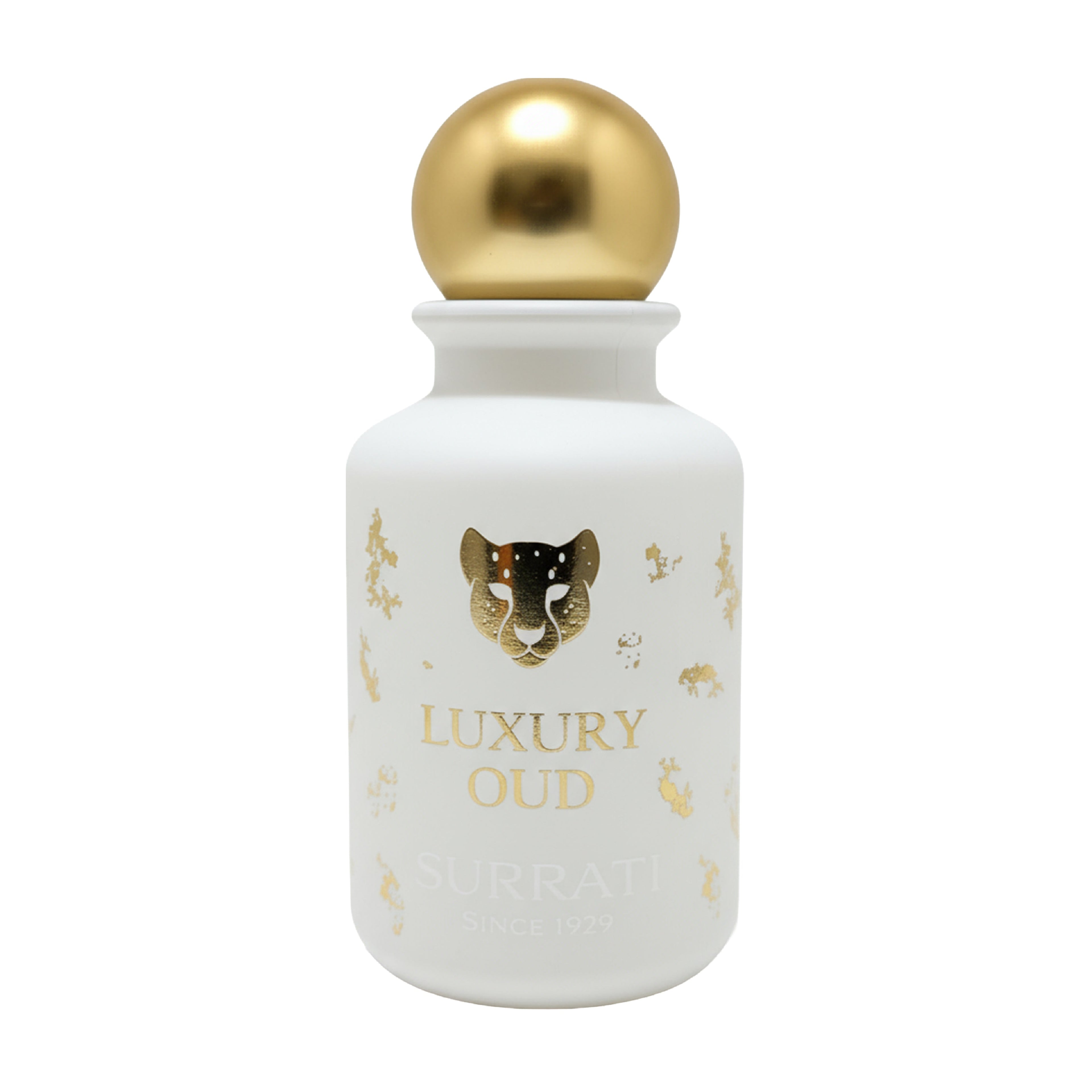 White perfume bottle with gold cap and panther design on a white background