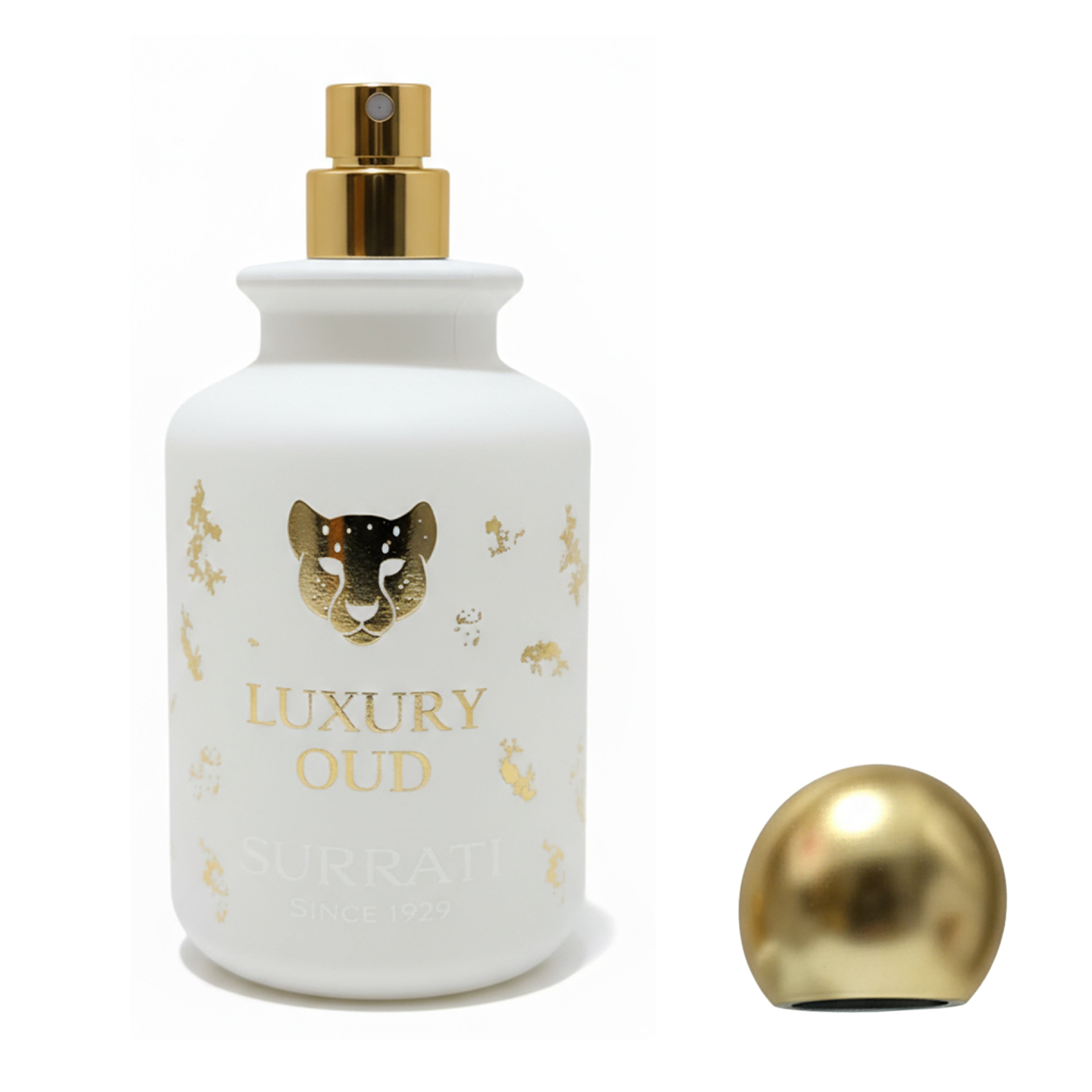 A white cylindrical perfume bottle with a gold spray nozzle and a detached gold cap placed beside it on a white background. The bottle features a gold panther head logo and the text 'LUXURY OUD' and 'Surrati Since 1947'.