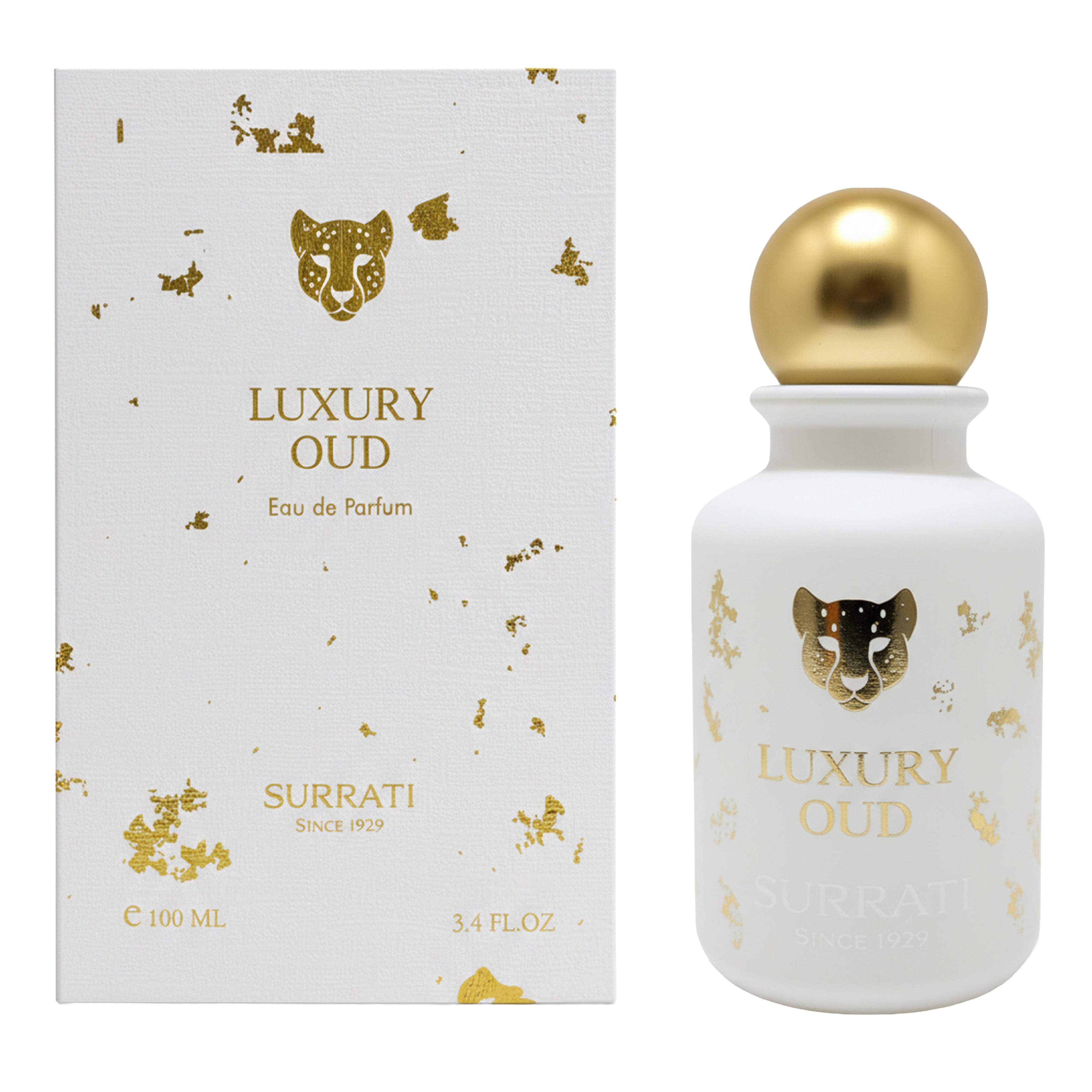 Luxury Oud perfume bottle and packaging with gold accents on a white background
