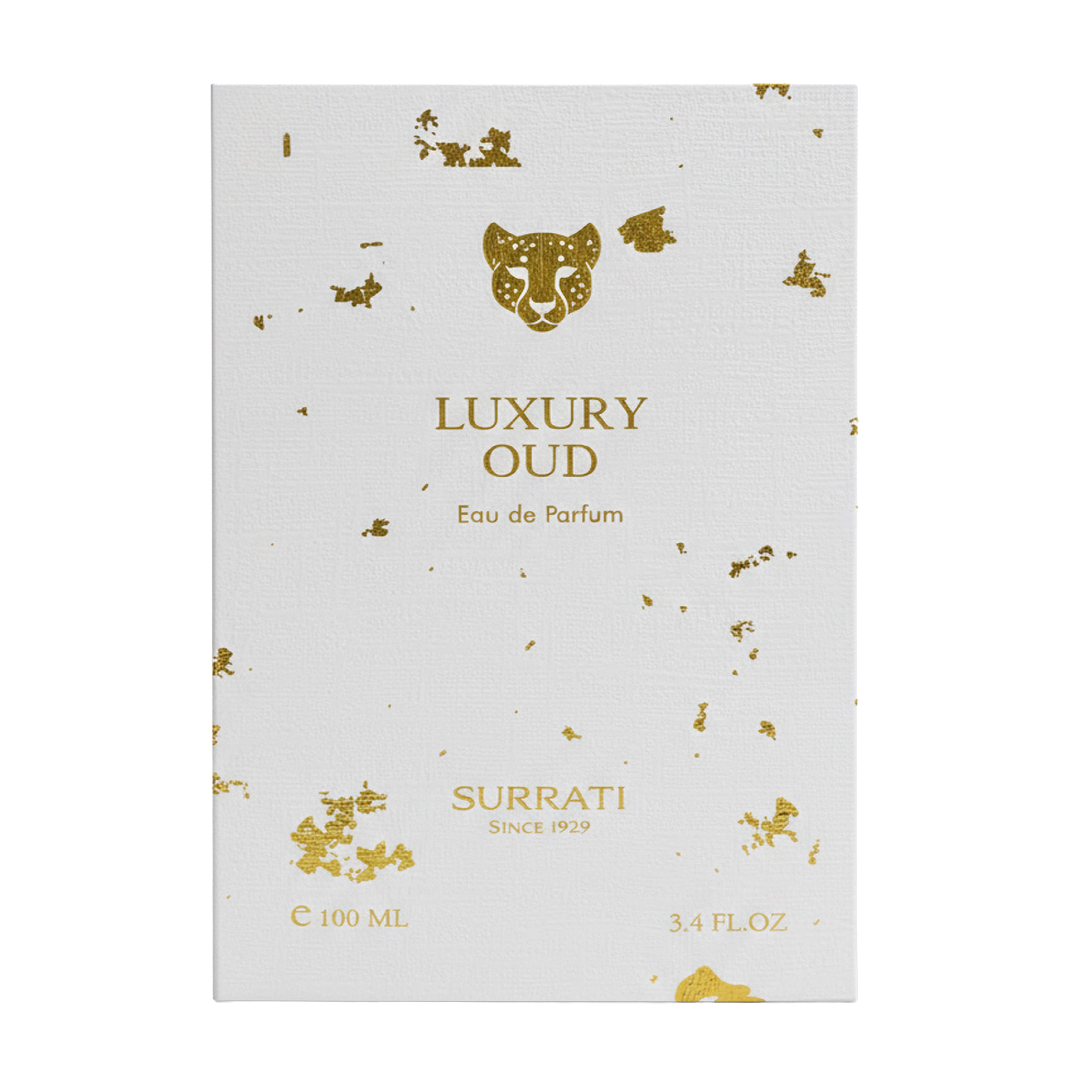 A rectangular white perfume box with gold foil details, featuring a leopard head logo and the text 'LUXURY OUD' and 'Surrati Since 1929' on a plain white background.