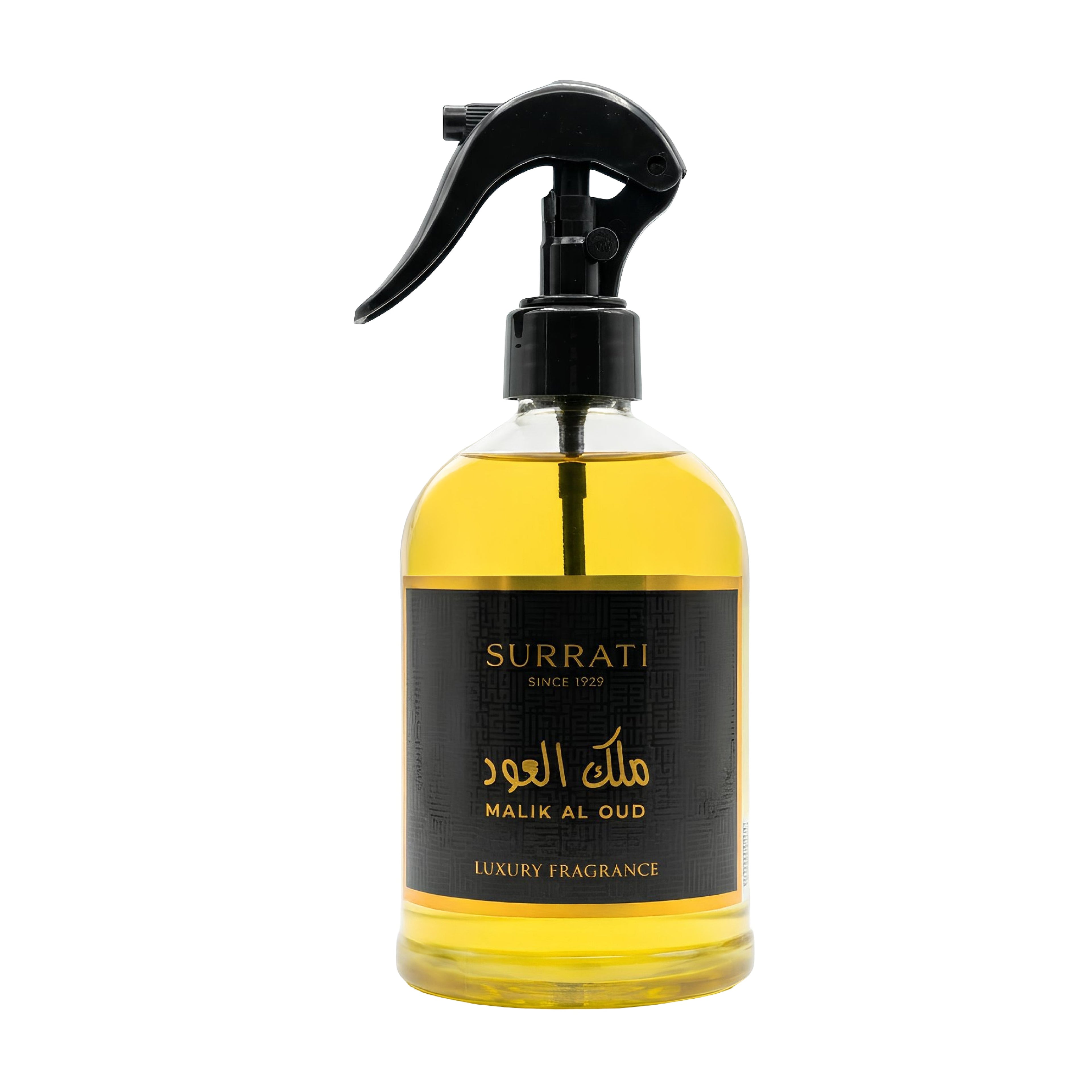 Bottle of Surrati Malik Al Oud fragrance with a black label on a white background