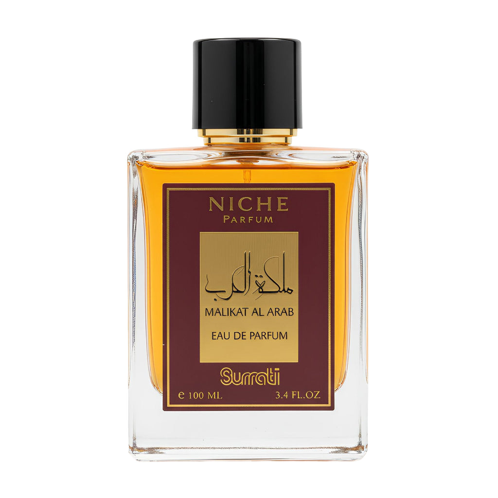 Perfume bottle labeled 'Malikat Al Arab' by Surrati on a white background