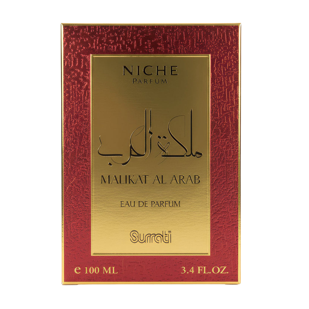 A rectangular perfume box for Niche Parfum's 'Malikat Al Arab' Eau de Parfum, featuring a textured deep red border and a central metallic gold panel with black Arabic and English text.