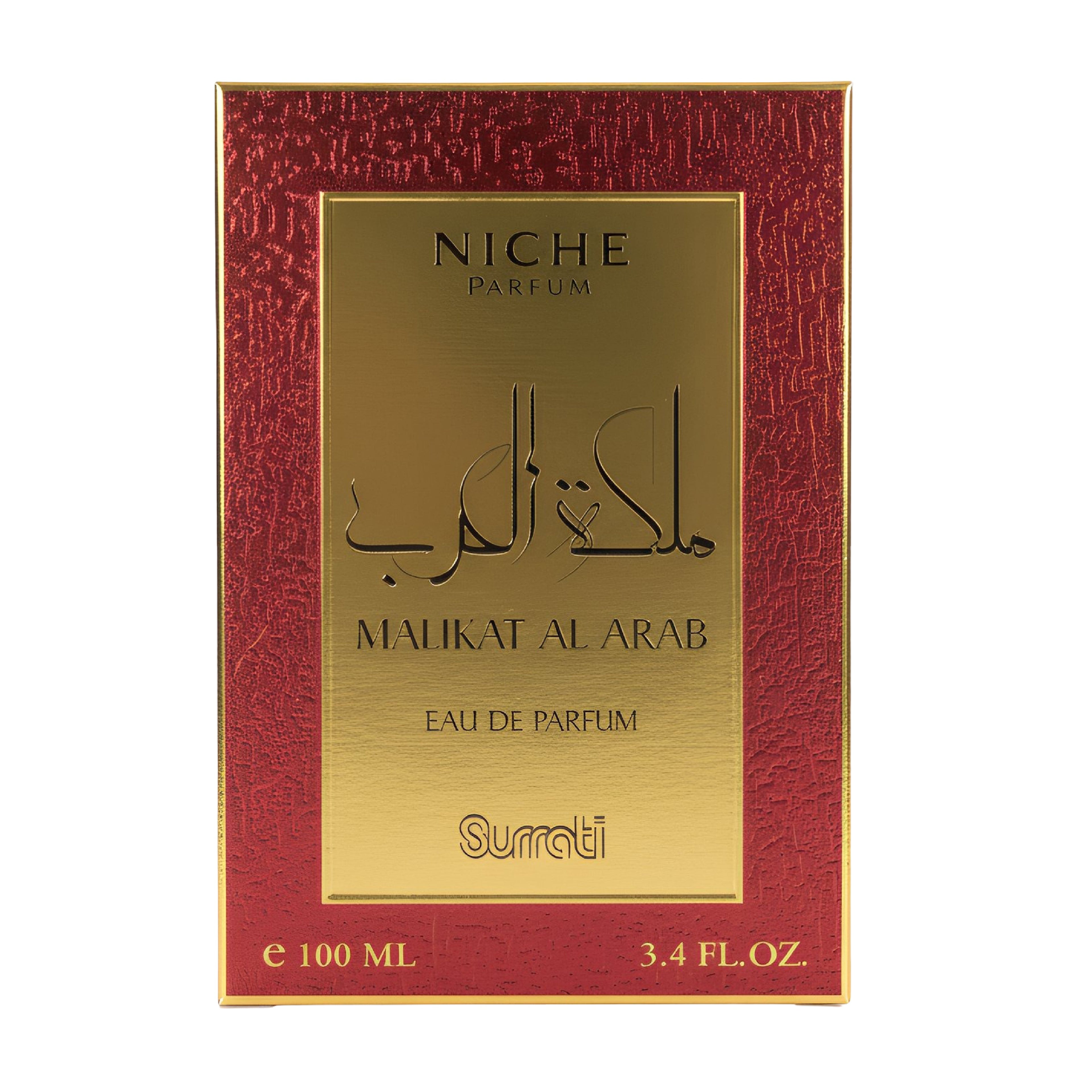 A rectangular perfume box for Niche Parfum's 'Malikat Al Arab' Eau de Parfum, featuring a textured deep red border and a central metallic gold panel with black Arabic and English text.