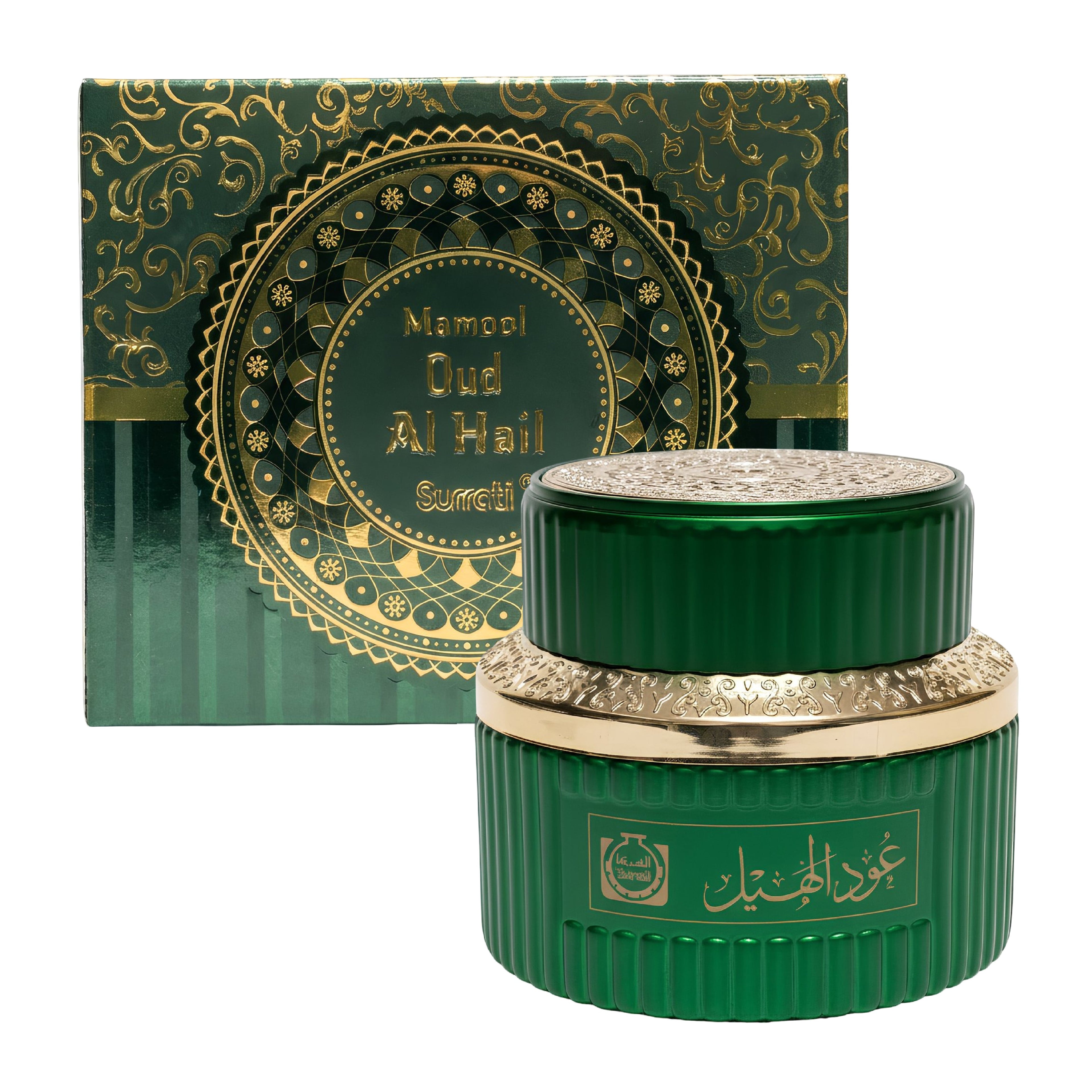 Green and gold cosmetic jar with decorative box on a white background