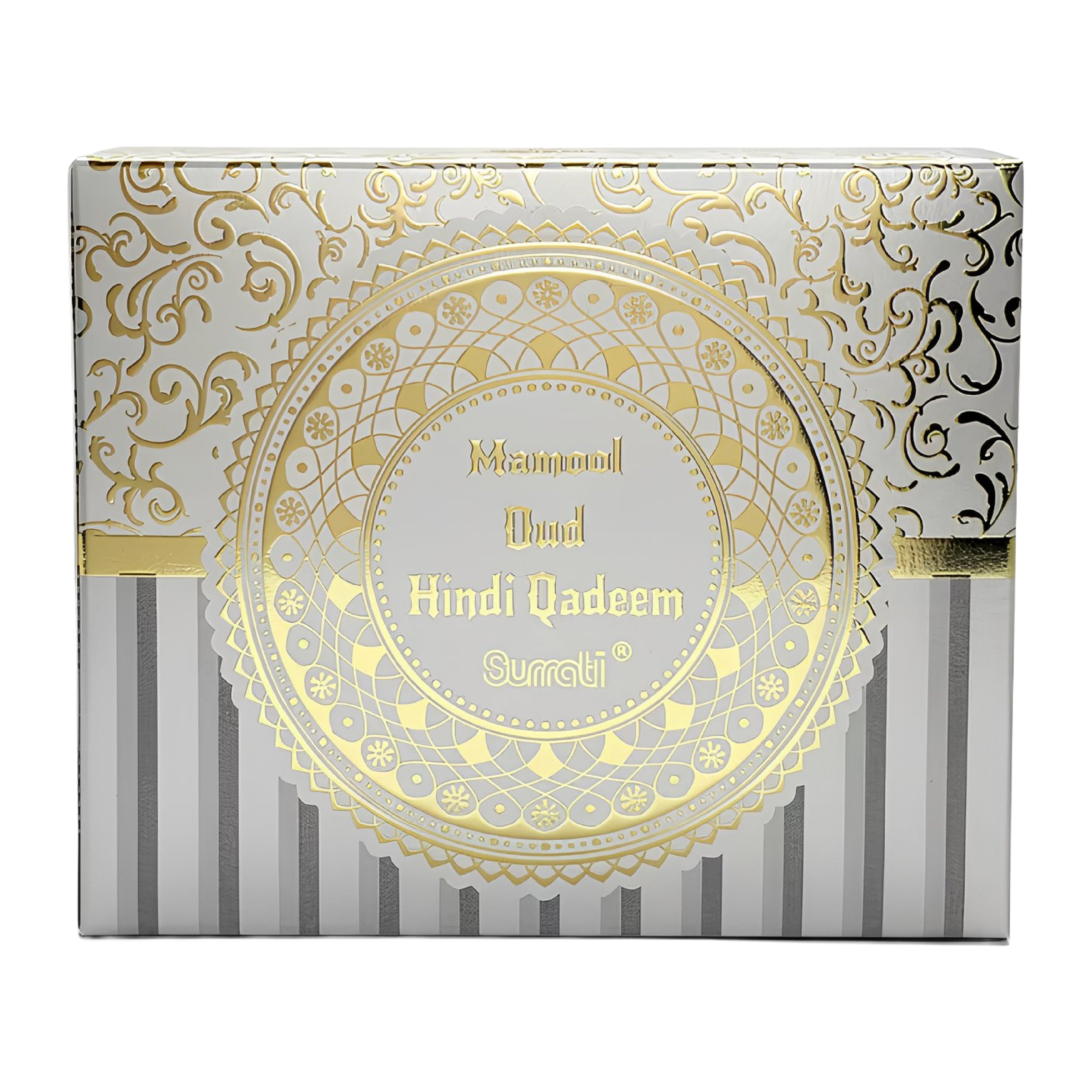 A square product box for Surati Diamond Dupat Hindi Qadeem, featuring a white and silver striped base with ornate gold foil patterns and a large central gold medallion.