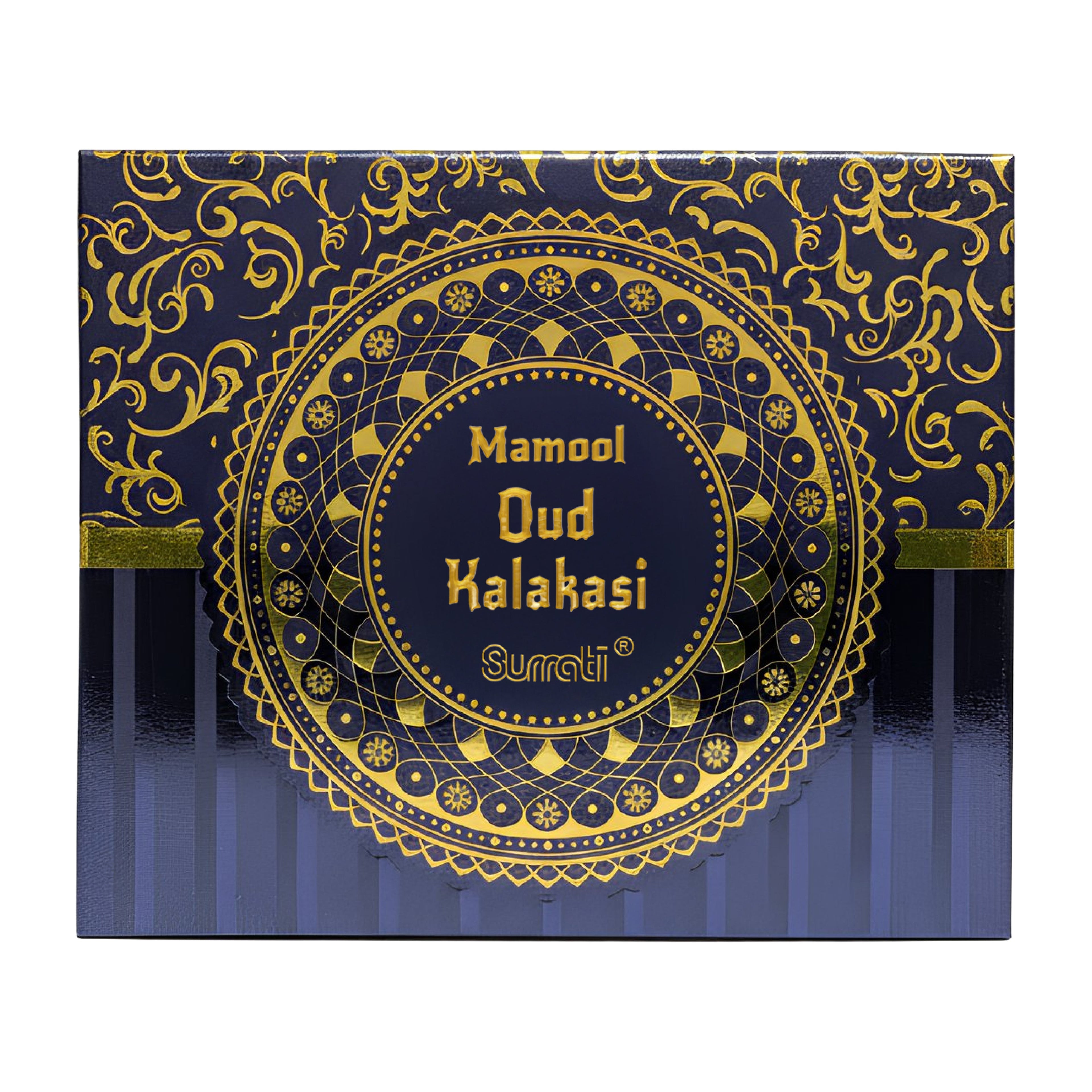 Decorative box with gold patterns and text on a blue background