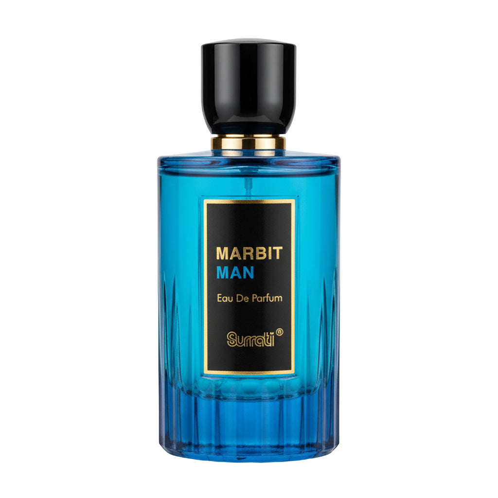 Blue perfume bottle with black cap on a white background