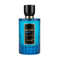 Blue perfume bottle with black cap on a white background