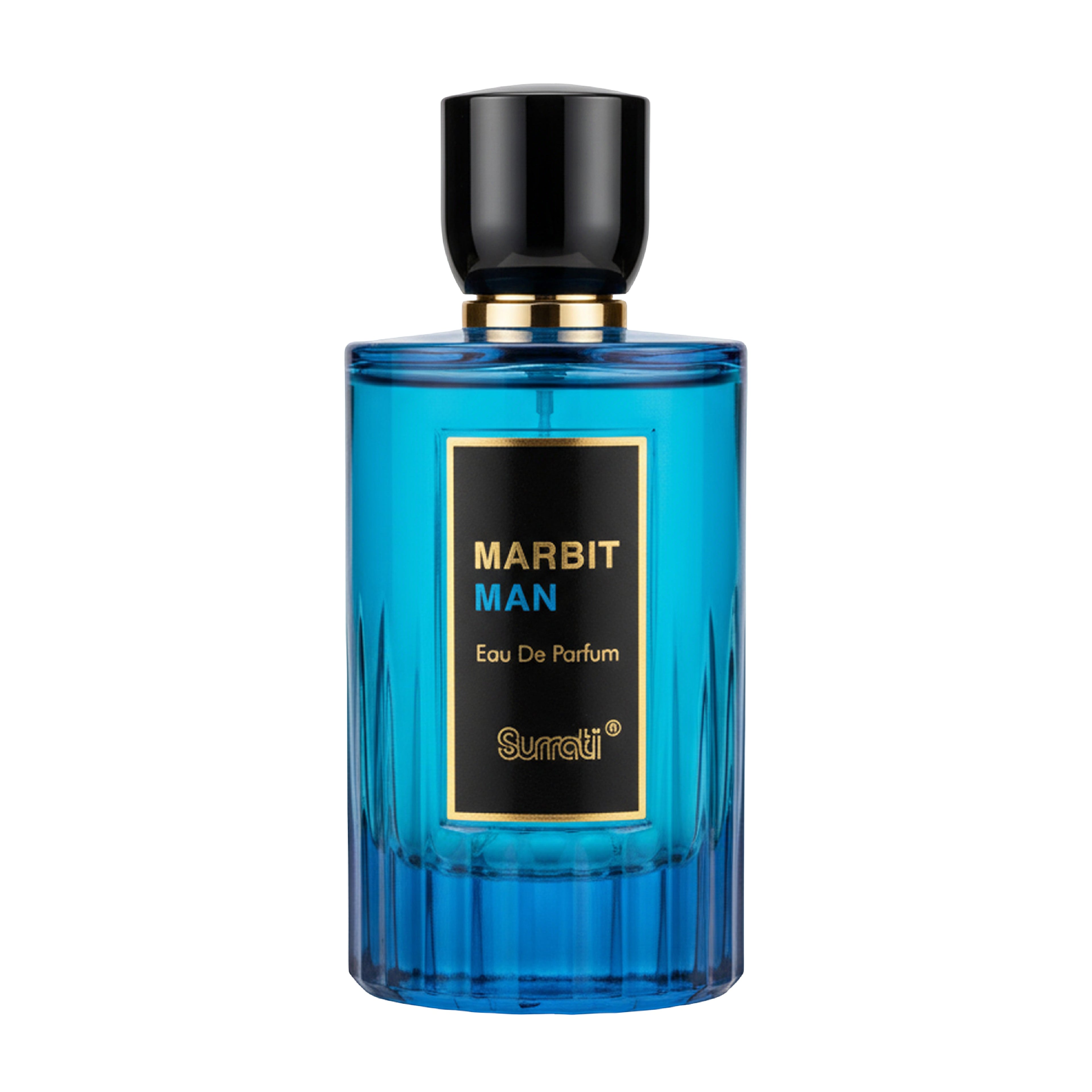 Blue perfume bottle with black cap on a white background