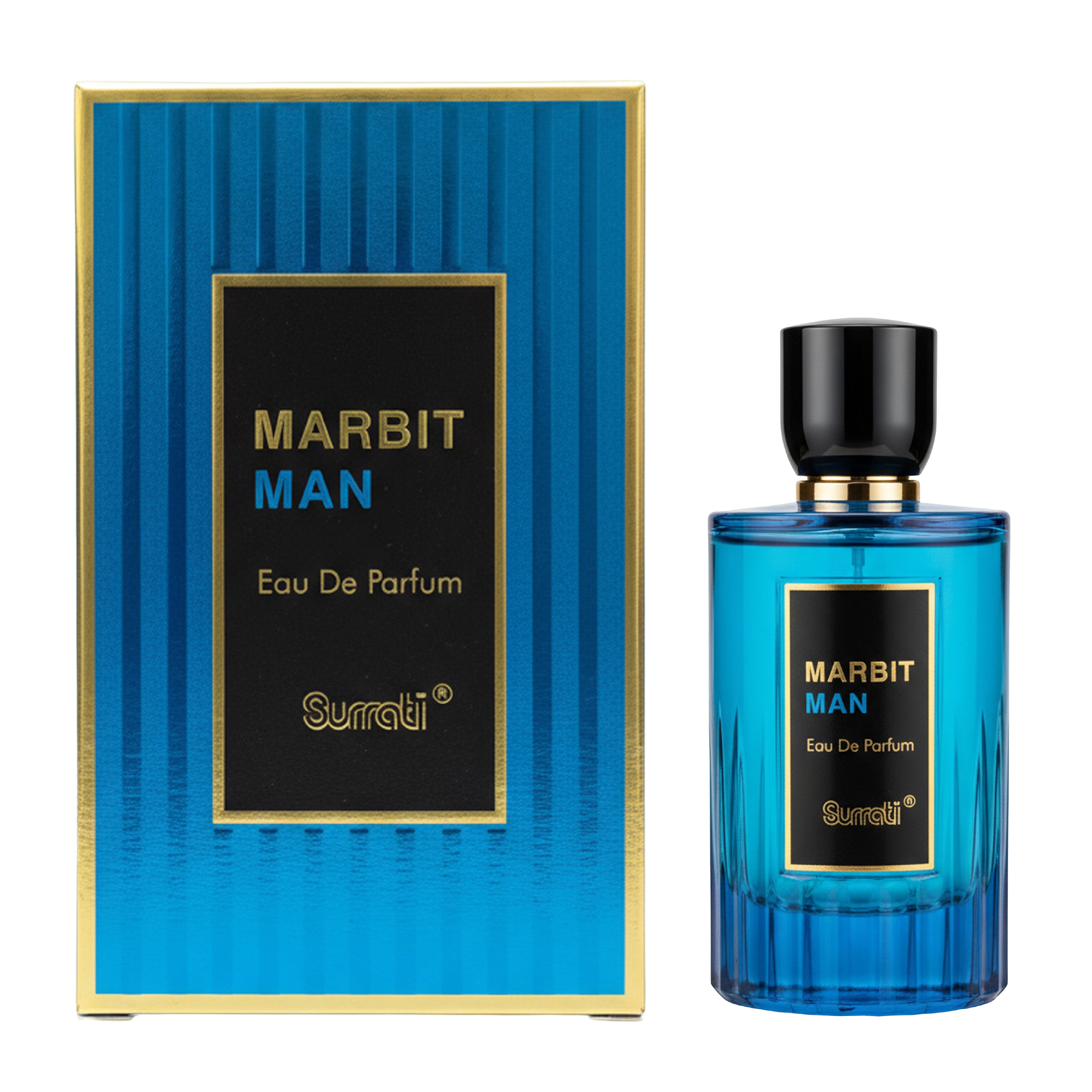 A bottle of Surati Marbit Man Eau De Parfum next to its blue and gold box packaging, set against a plain white background.