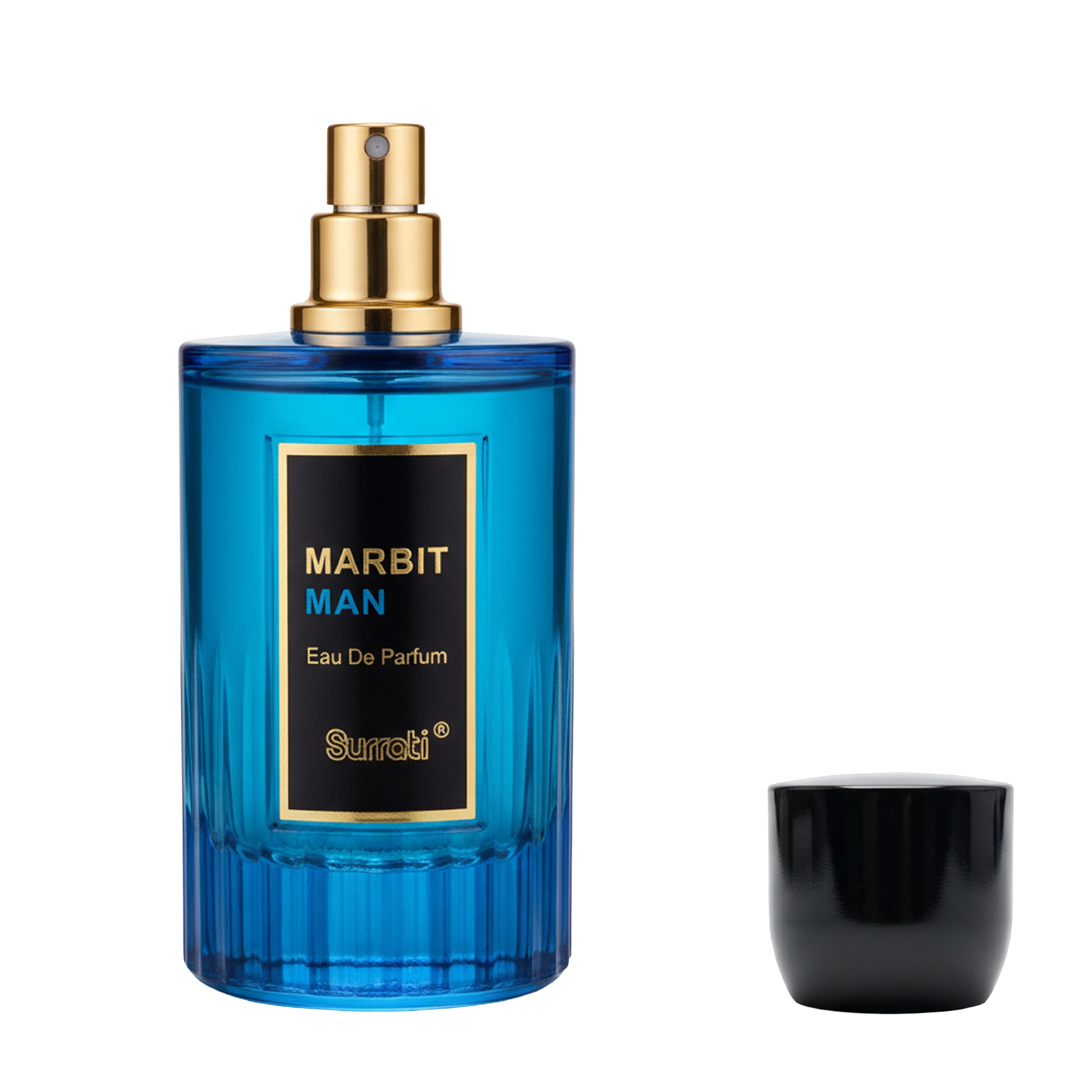 A blue ribbed glass perfume bottle labeled 'MARBIT MAN' with a gold spray top, shown next to a detached black cap on a plain white background.