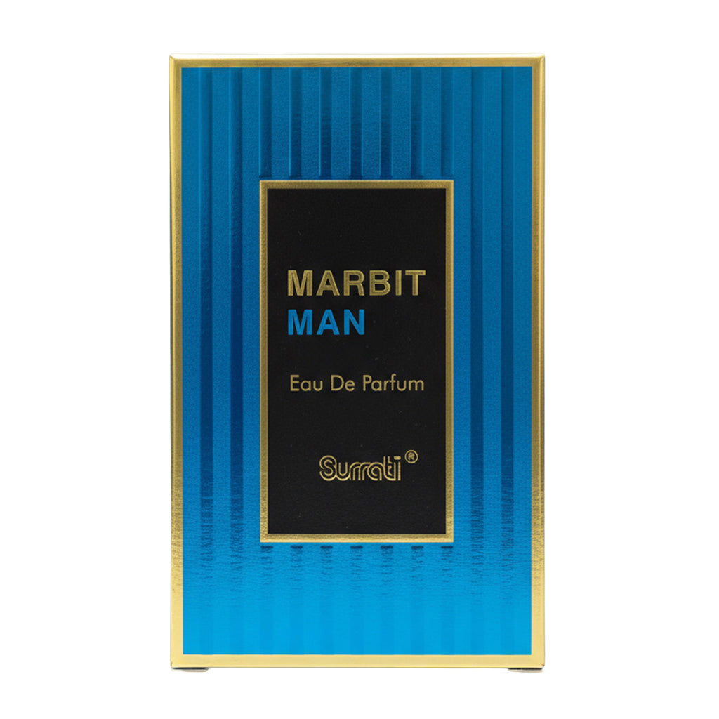 A rectangular perfume box for 'Marbit Man' by Surati, featuring a blue and gold striped design with a black central label.