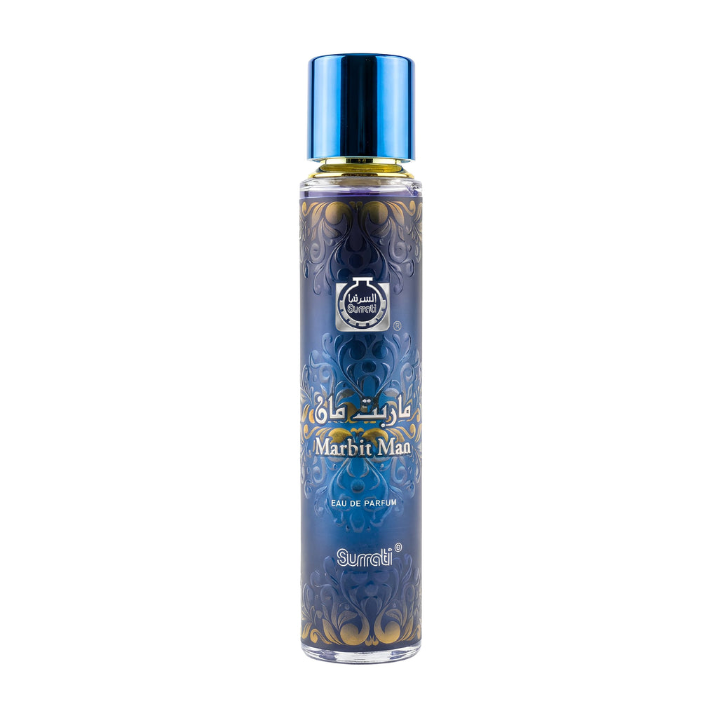 Blue perfume bottle with gold accents on a white background