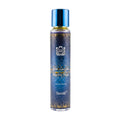 Blue perfume bottle with gold accents on a white background