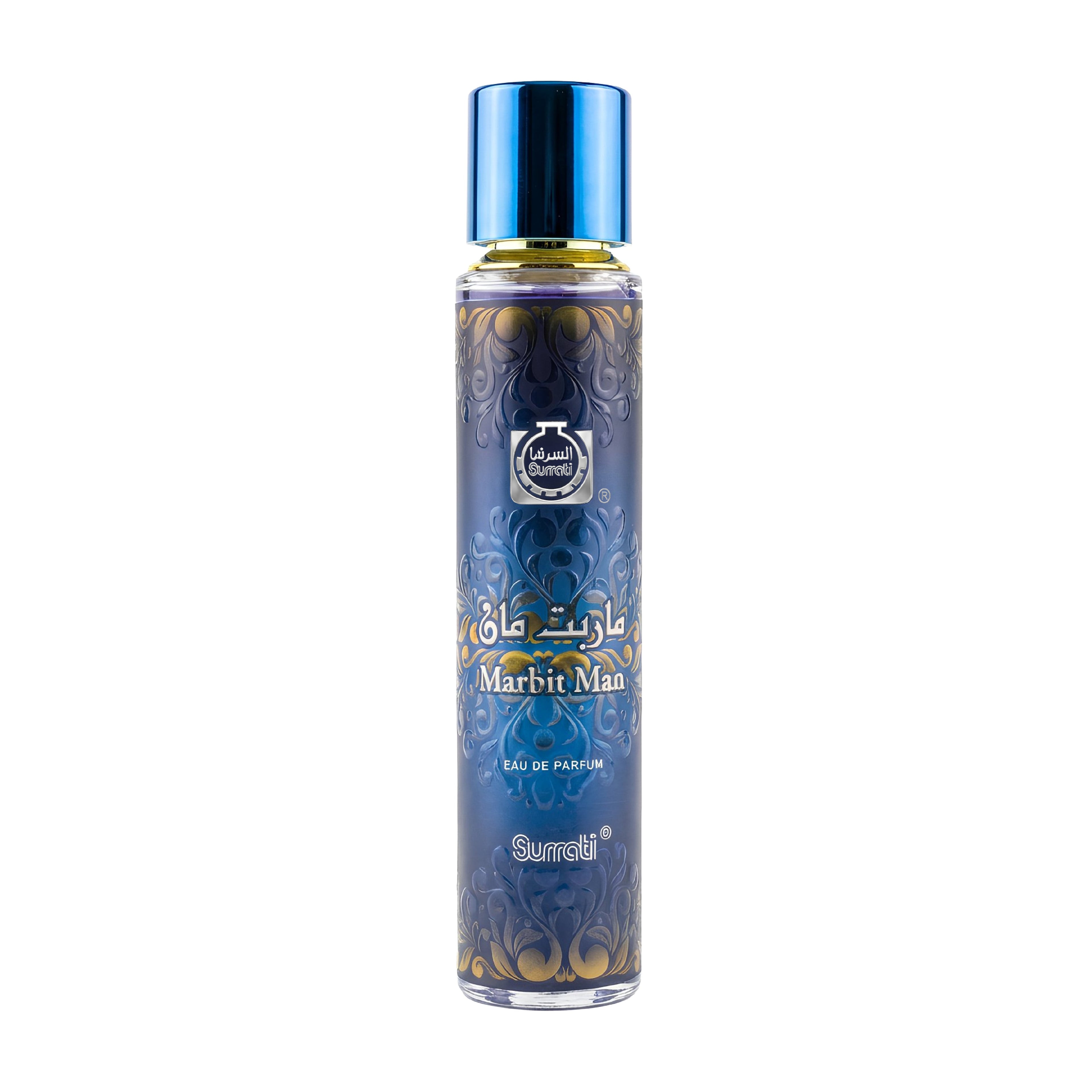 Blue perfume bottle with gold accents on a white background