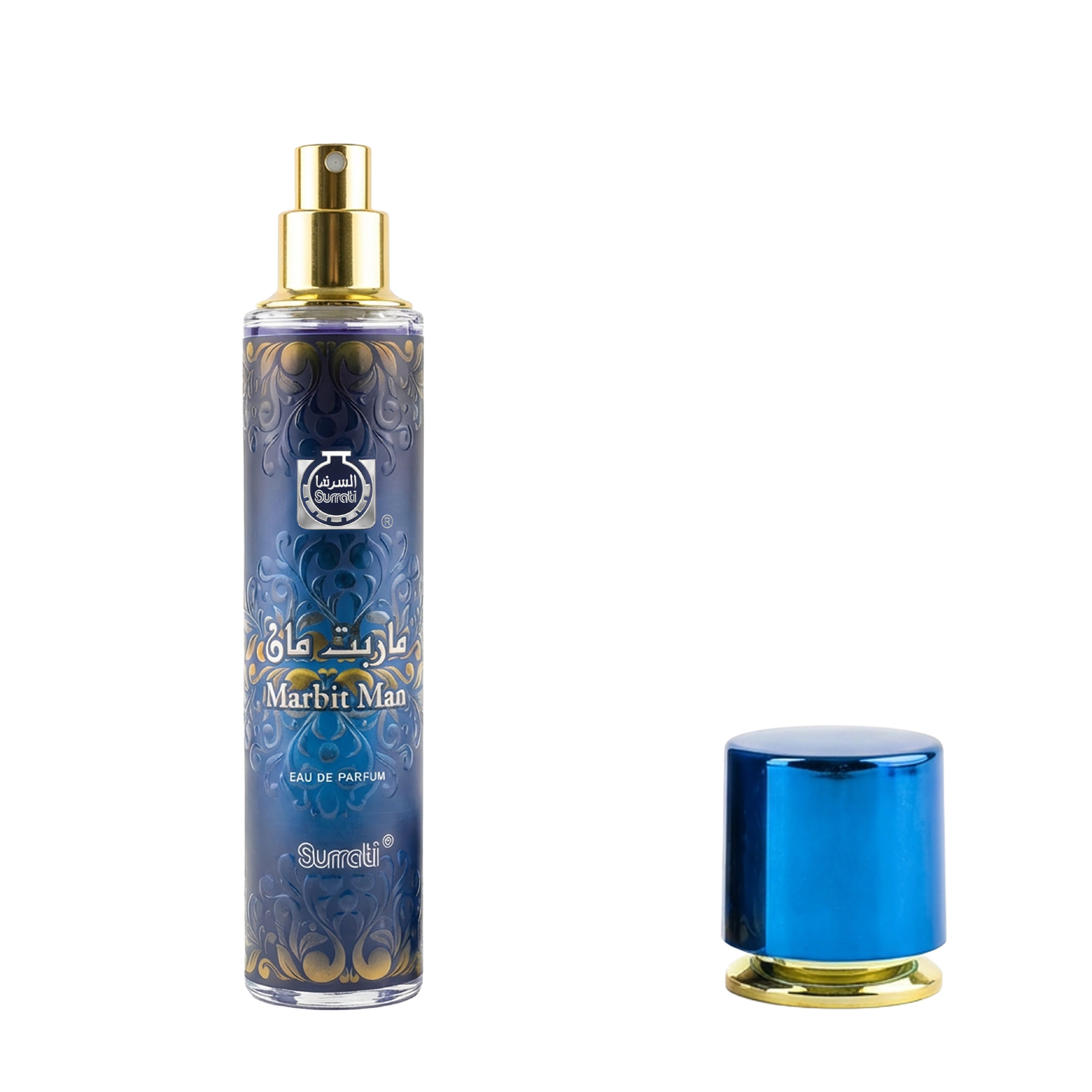 A bottle of Surli Marbit Man Eau de Parfum with a gold spray top and a separate blue cap with a gold base, displayed on a white background.