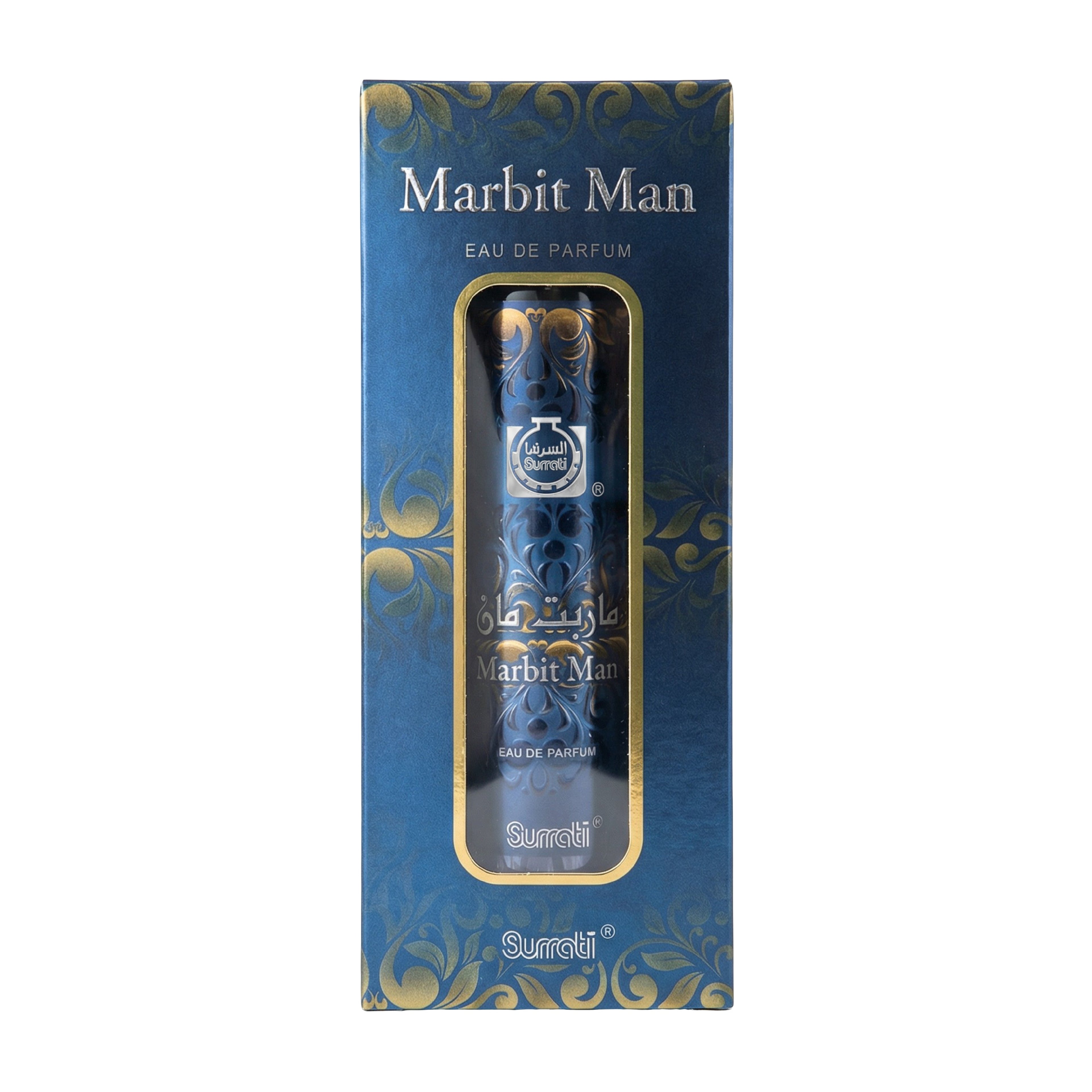 Surati Marbit Man Eau de Parfum box, featuring a dark blue packaging with gold ornamental patterns and a clear window displaying the cylindrical blue perfume bottle inside.