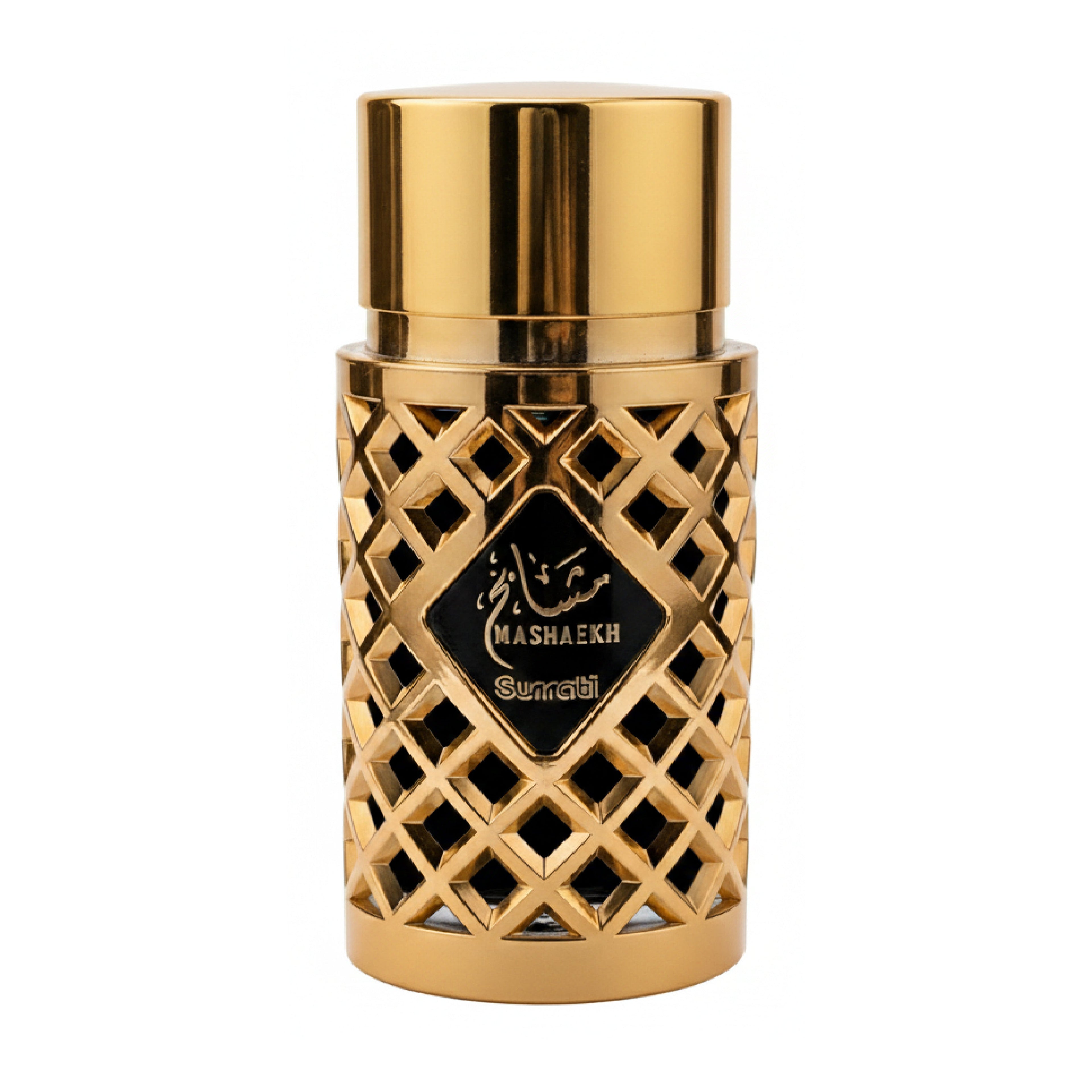 Gold-patterned perfume bottle with 'Mashaekh' branding on a white background